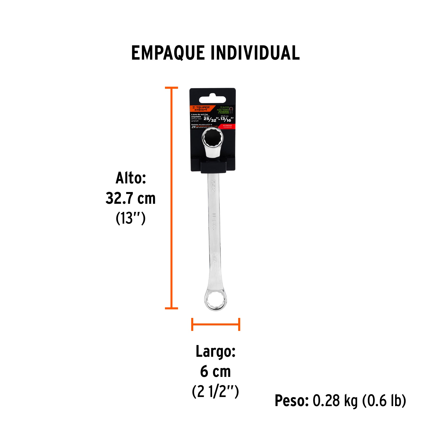 Llave de estrías 25/32 x 13/16" x 291mm largo, TRUPER EXPERT - Empaque