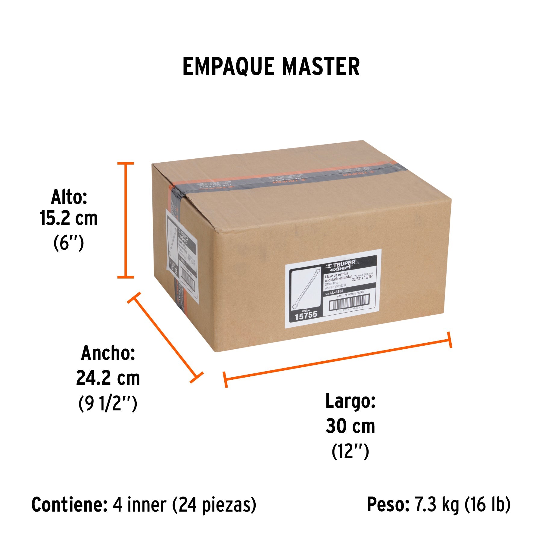 Llave de estrías 25/32 x 13/16" x 291mm largo, TRUPER EXPERT - Empaque