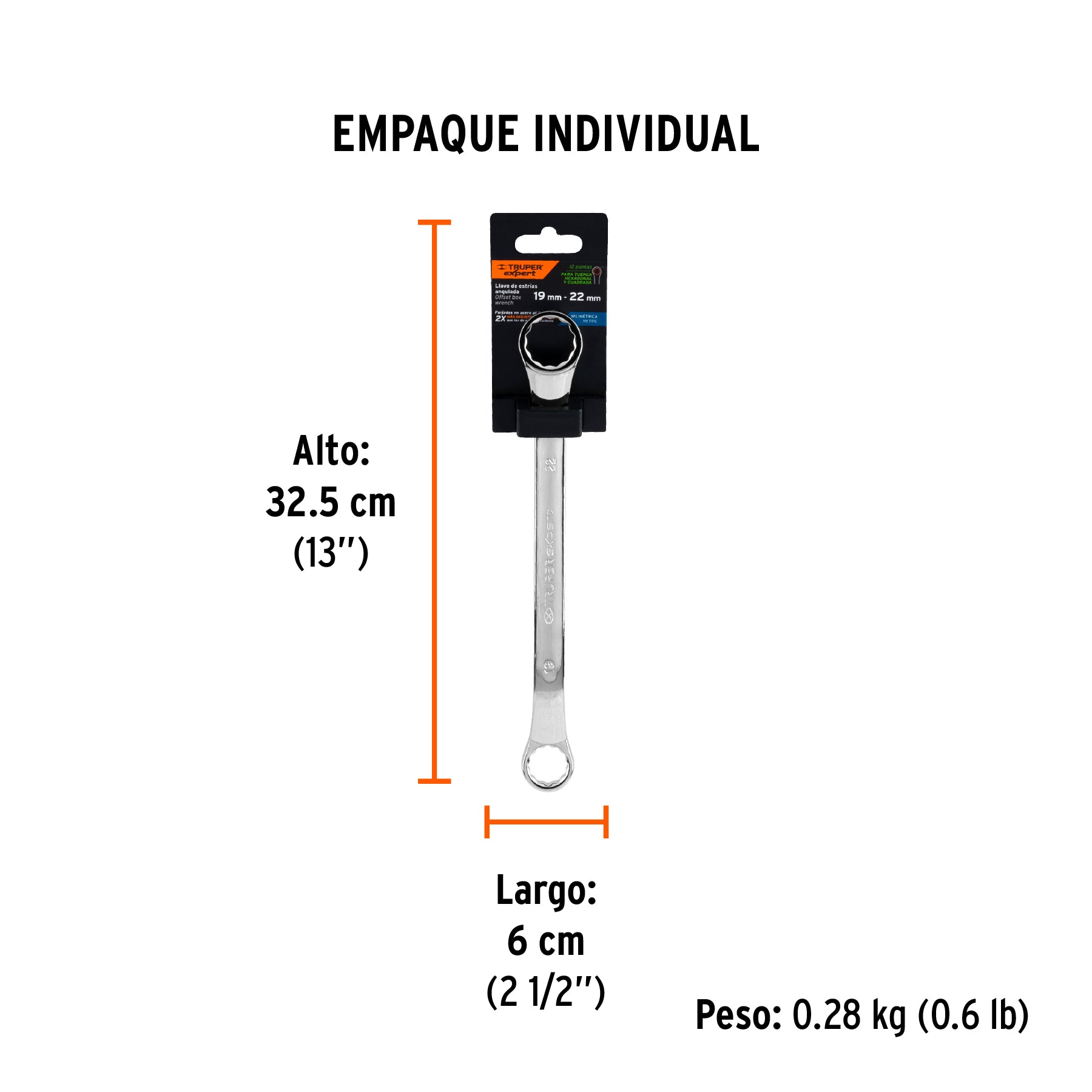 Llave de estrías 19 x 22 x 291 mm largo, TRUPER EXPERT - Empaque