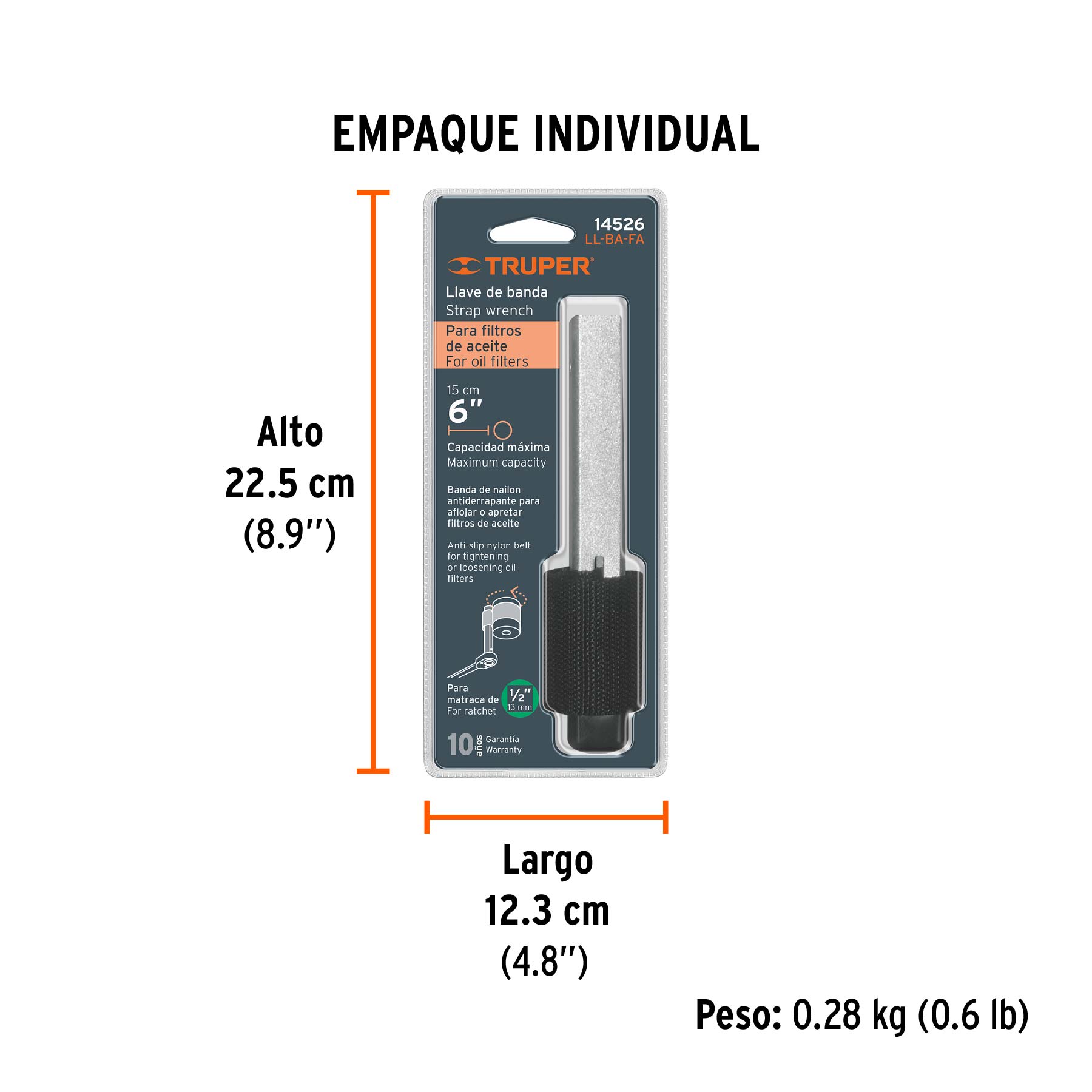 Llave de banda de nylon 6" para filtro de aceite, TRUPER - Empaque