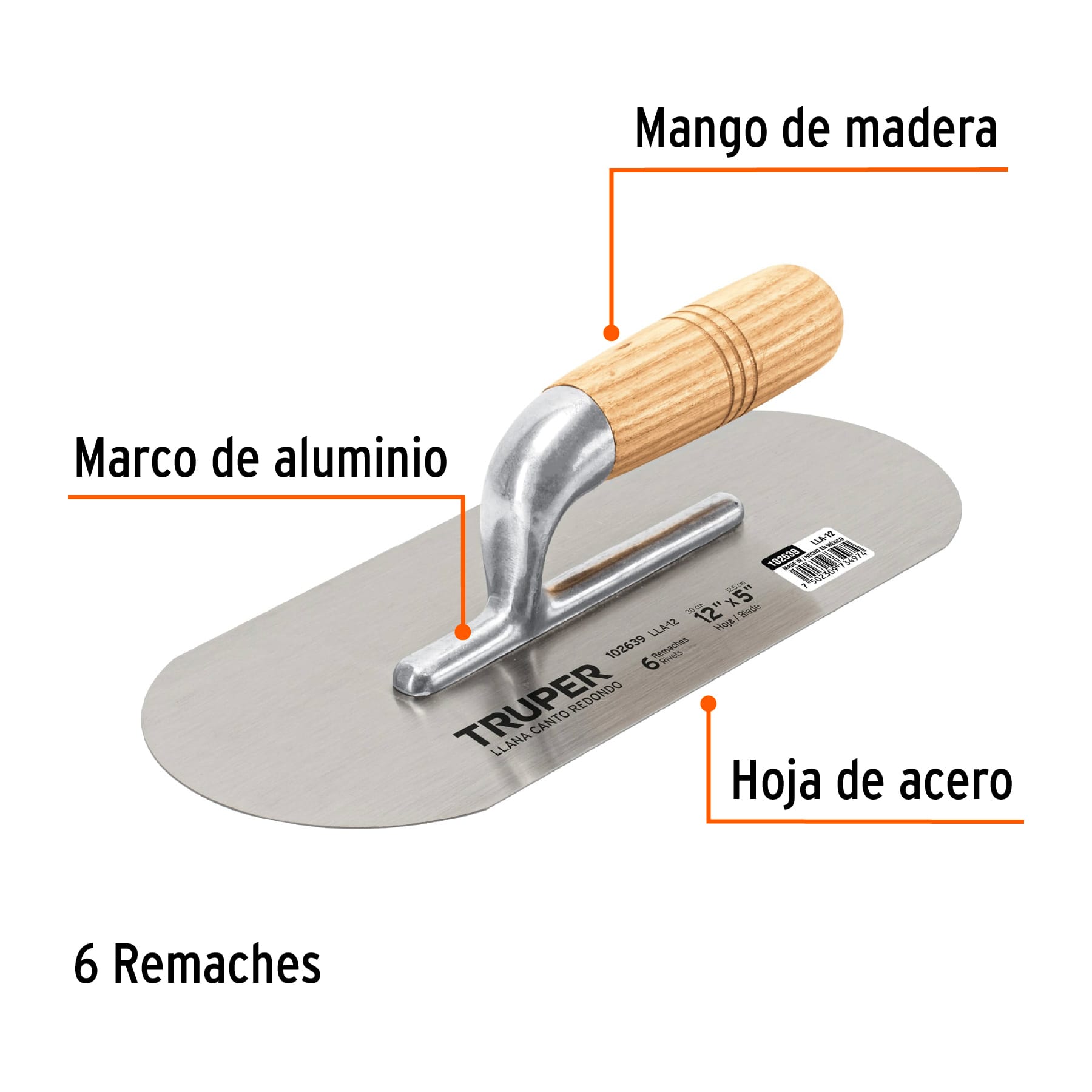 Llana 12" canto redondo, 6 remaches, mango madera, TRUPER