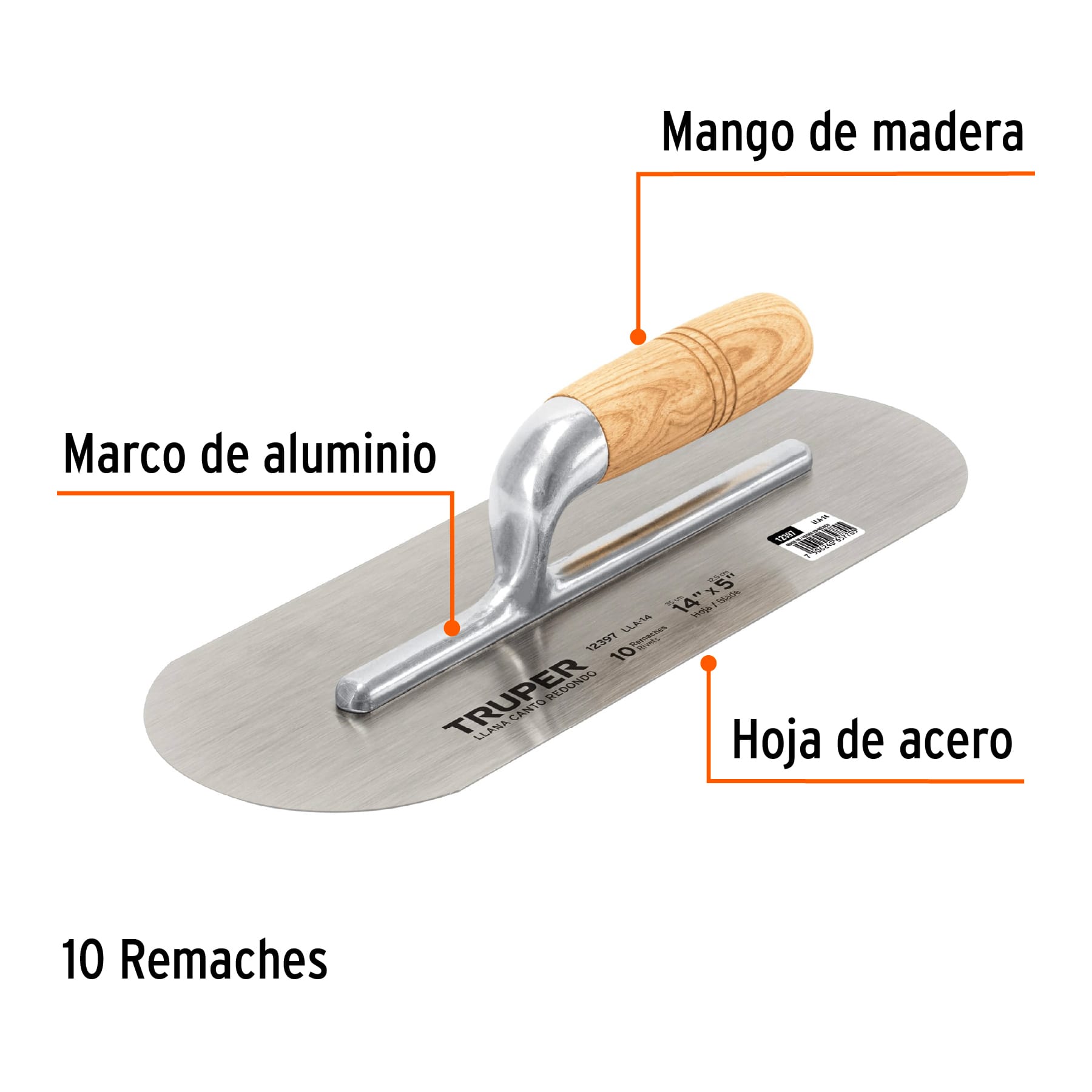 Llana 14" canto redondo, 10 remaches, mango madera, TRUPER