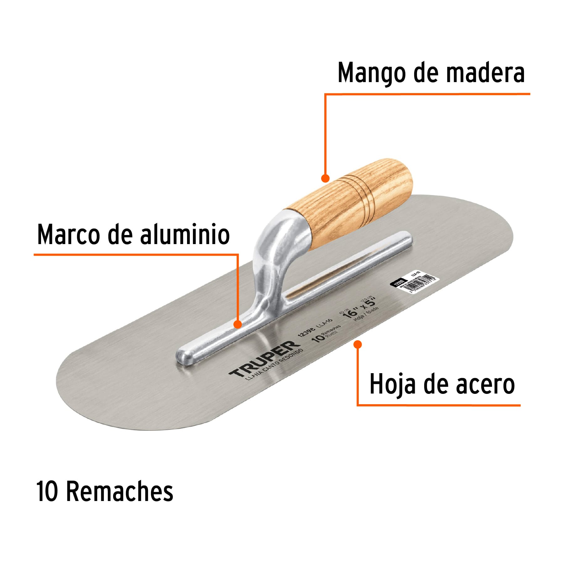 Llana 16" canto redondo, 10 remaches, mango madera, TRUPER
