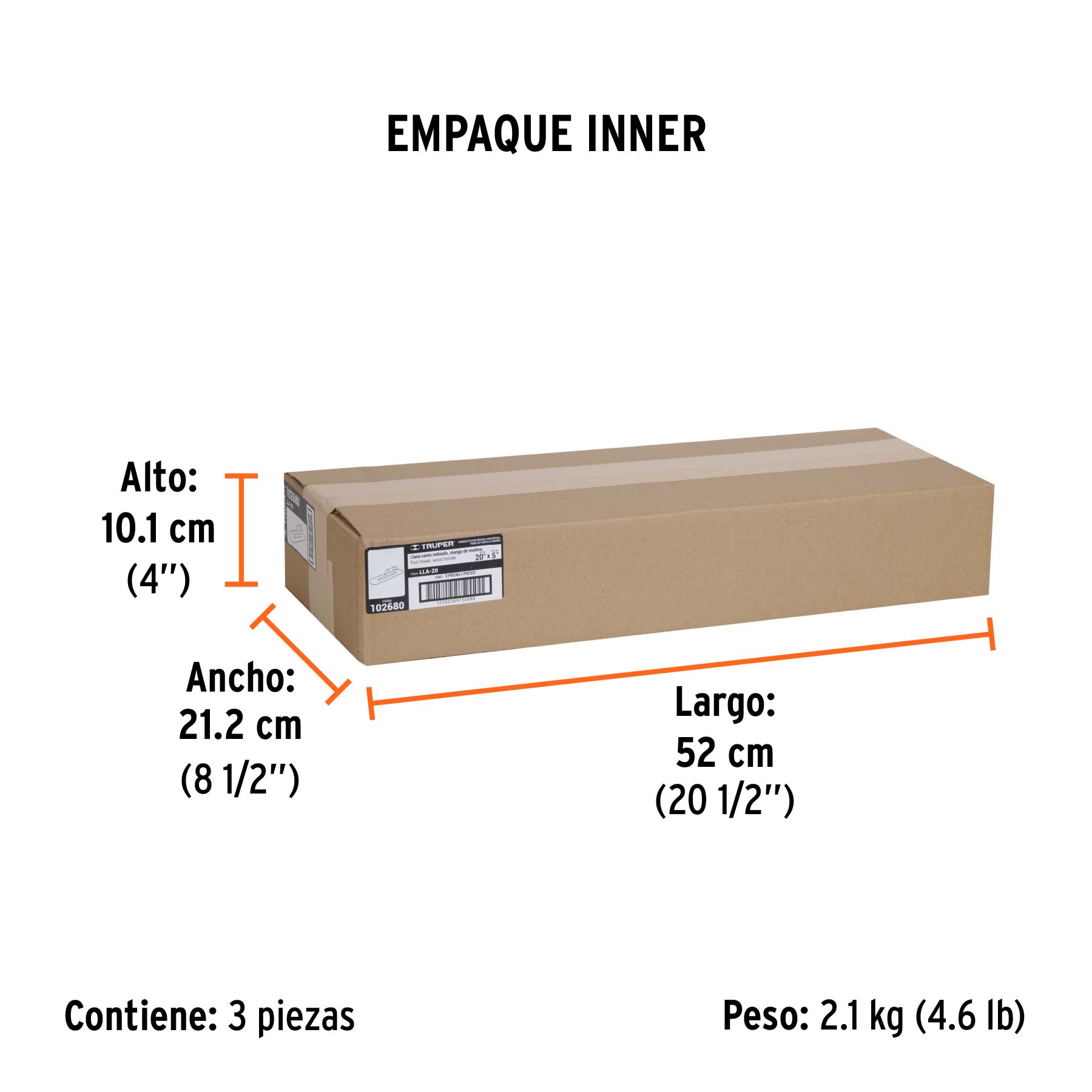 Llana 20" canto redondo, 14 remaches, mango madera, TRUPER - Empaque