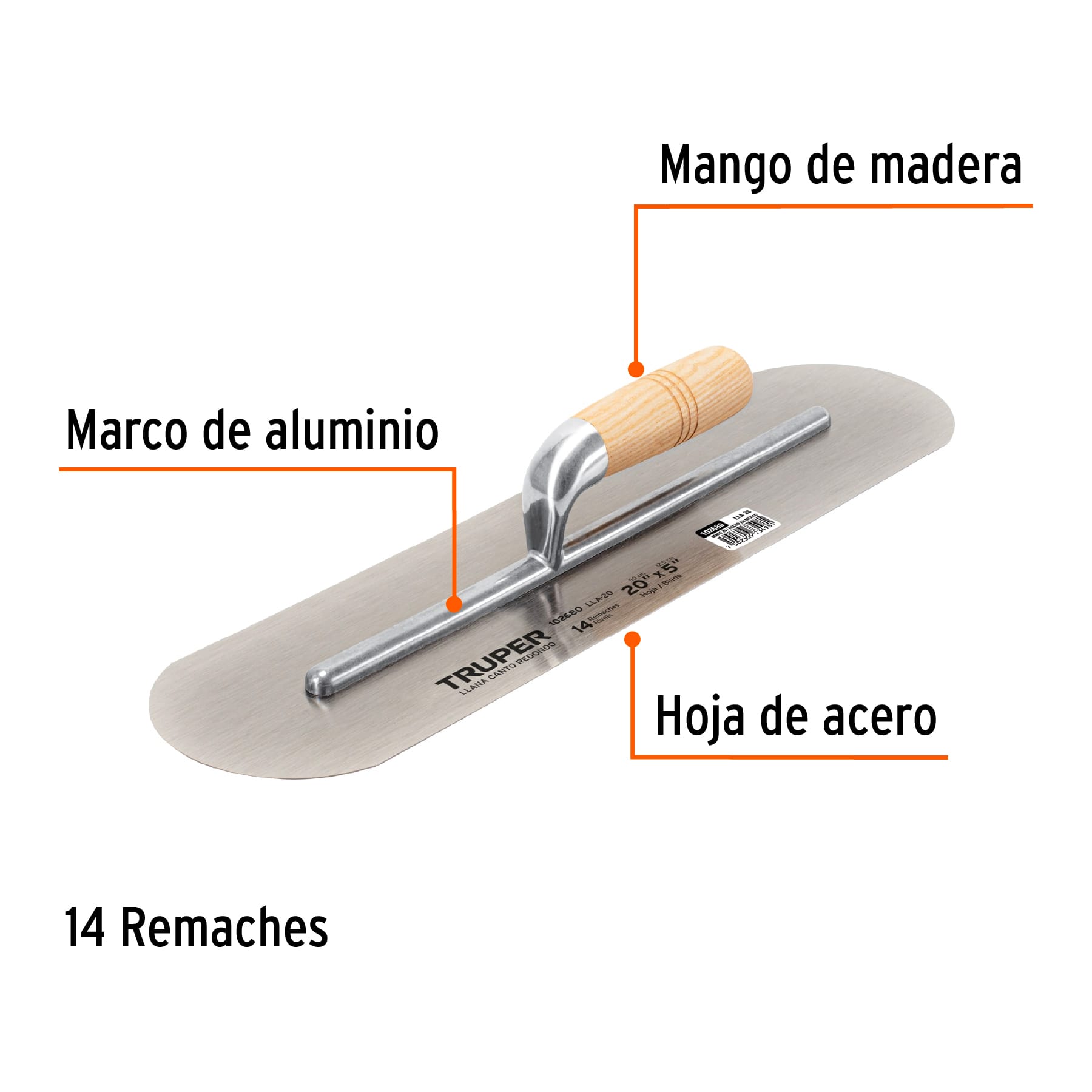 Llana 20" canto redondo, 14 remaches, mango madera, TRUPER
