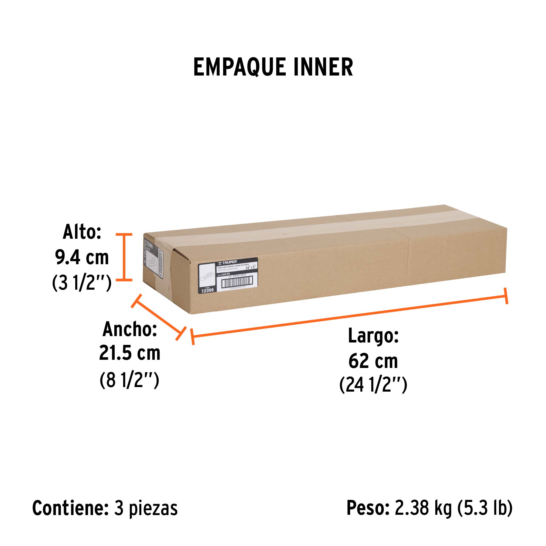 Llana 24" canto redondo, 18 remaches, mango madera, TRUPER - Empaque