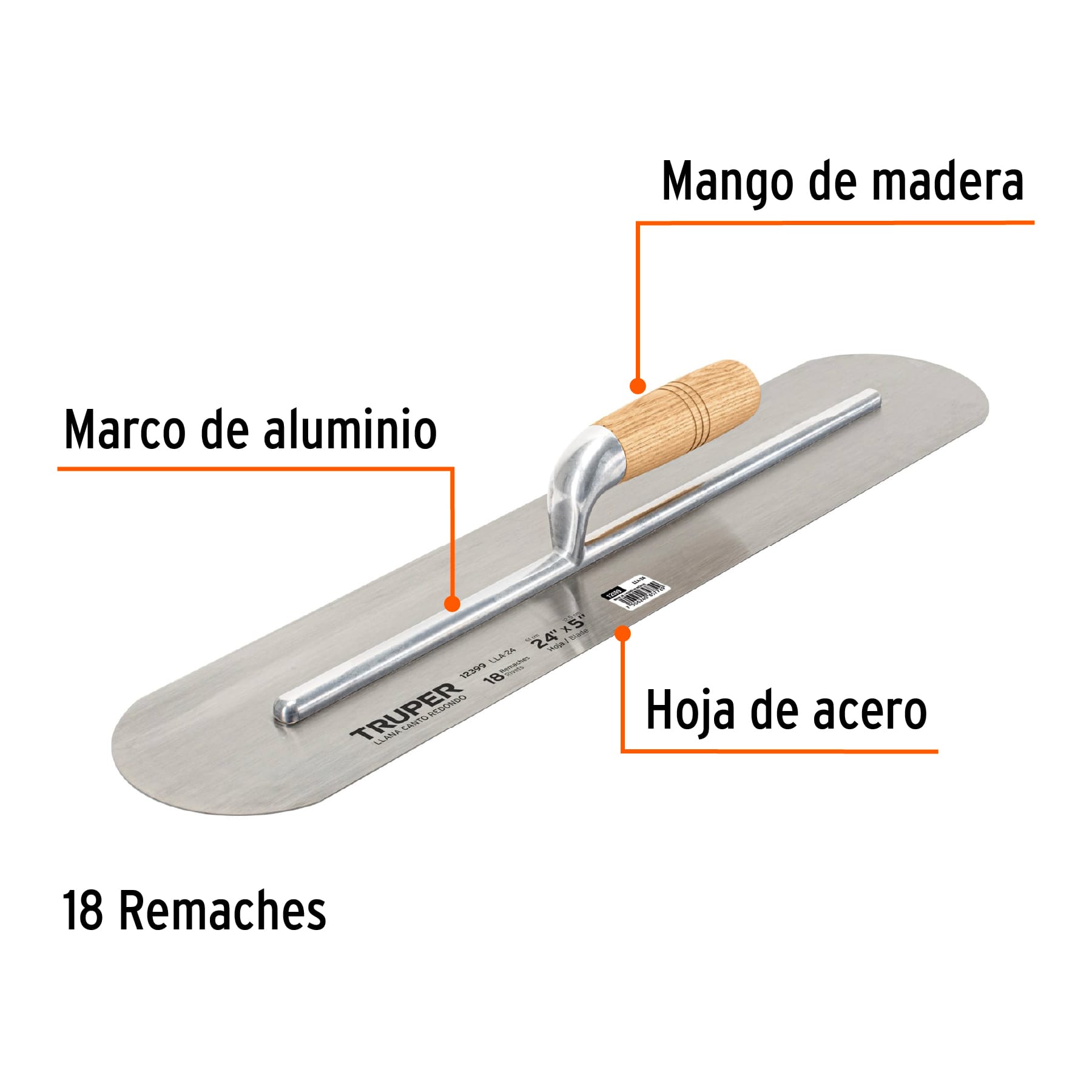 Llana 24" canto redondo, 18 remaches, mango madera, TRUPER