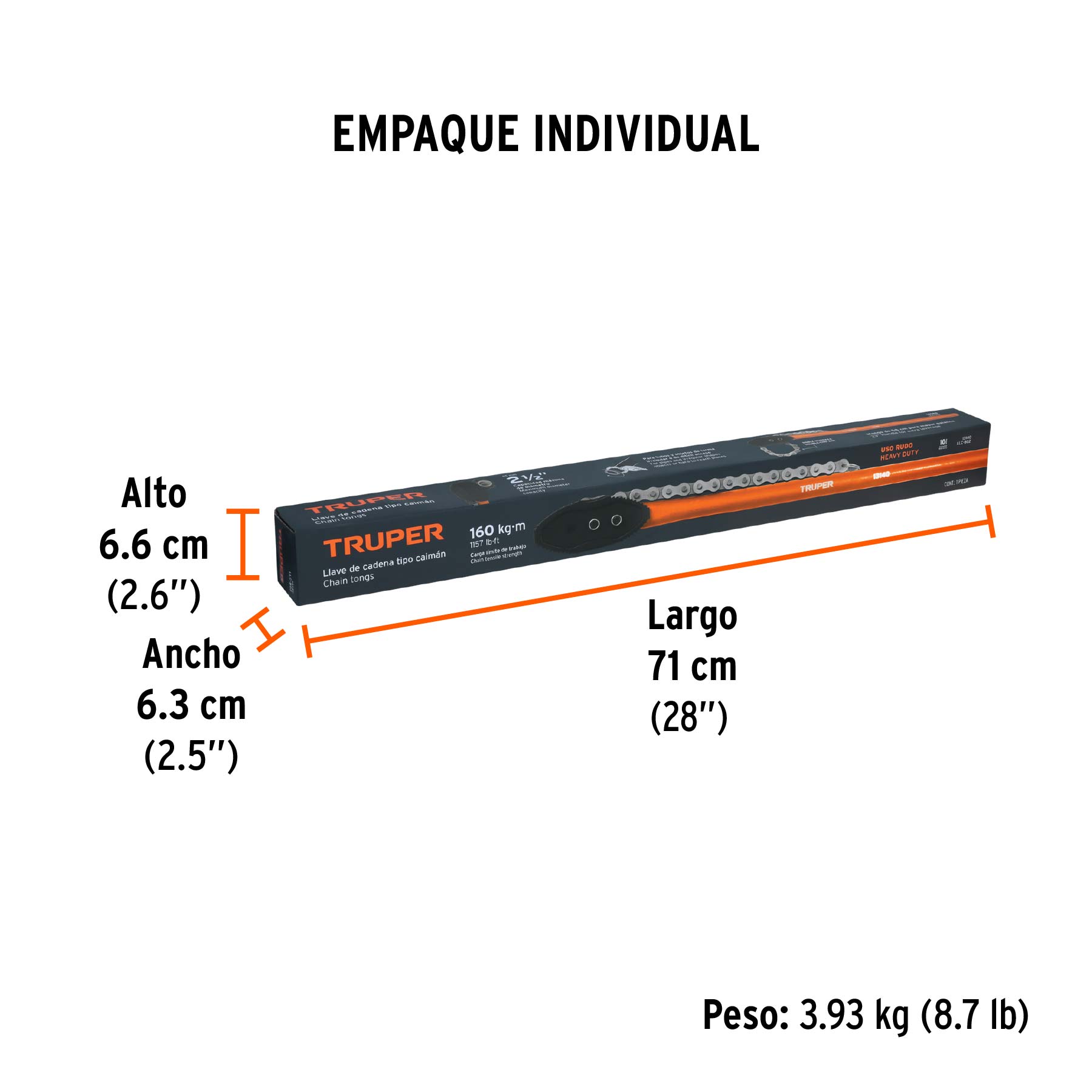 Llave de cadena tipo caimán uso pesado, mango de 28", TRUPER - Empaque