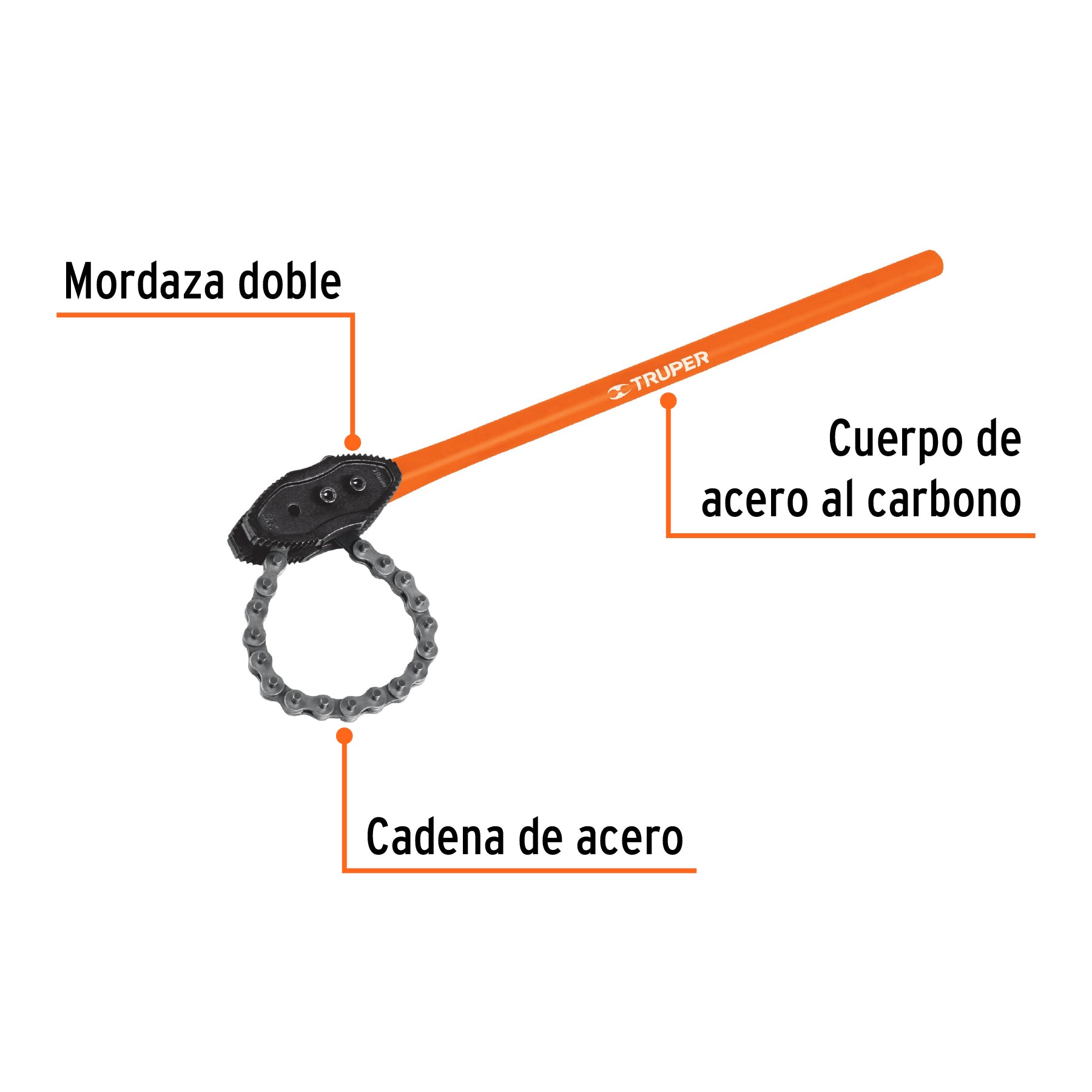 Llave de cadena tipo caimán uso pesado, mango de 28", TRUPER