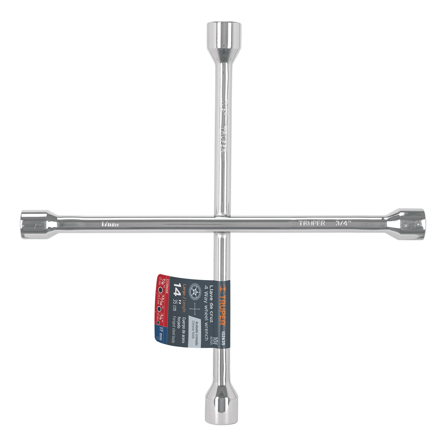 Llave de cruz 14" pulida y cromada, TRUPER