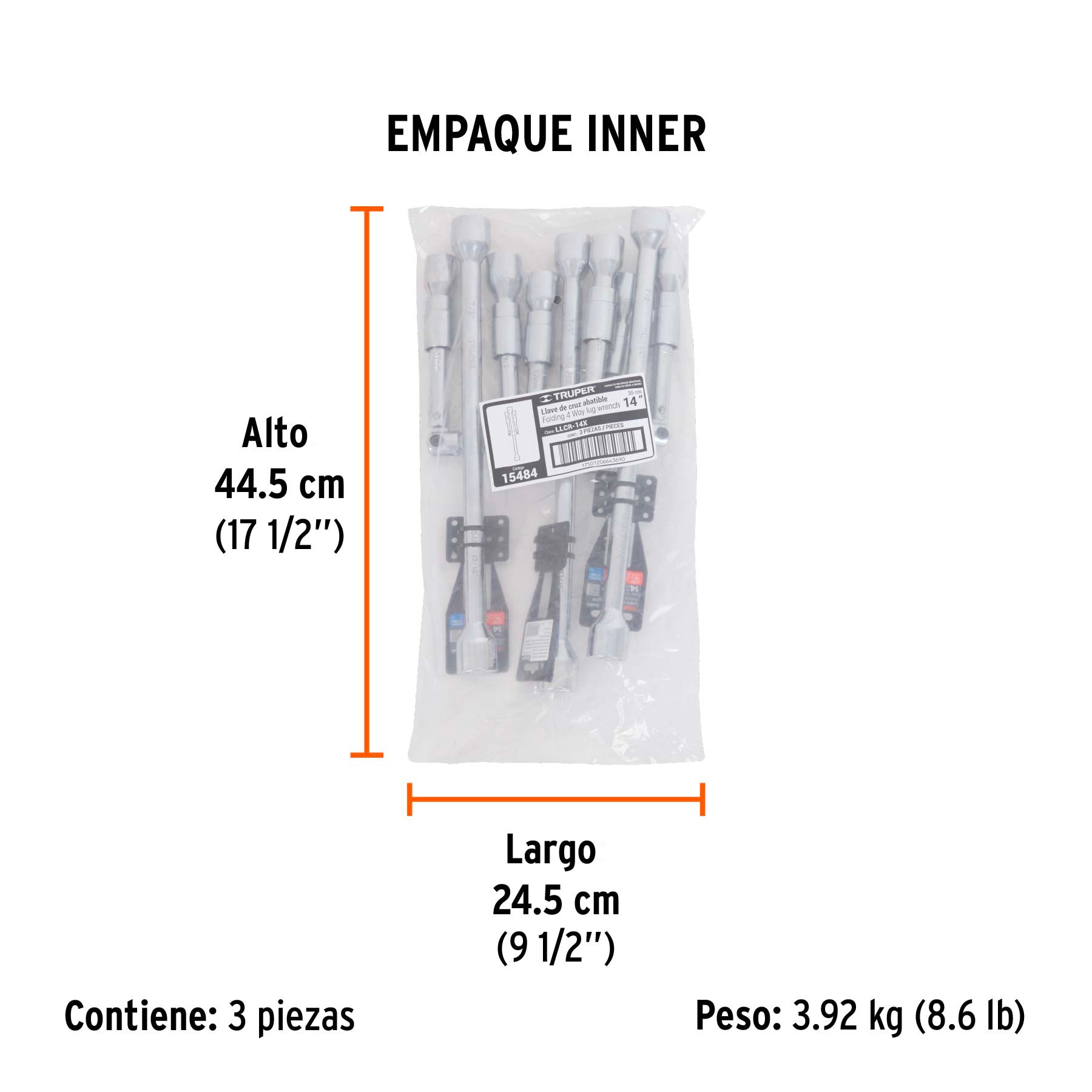 Llave de cruz 14" plegable pulida y cromada, TRUPER - Empaque