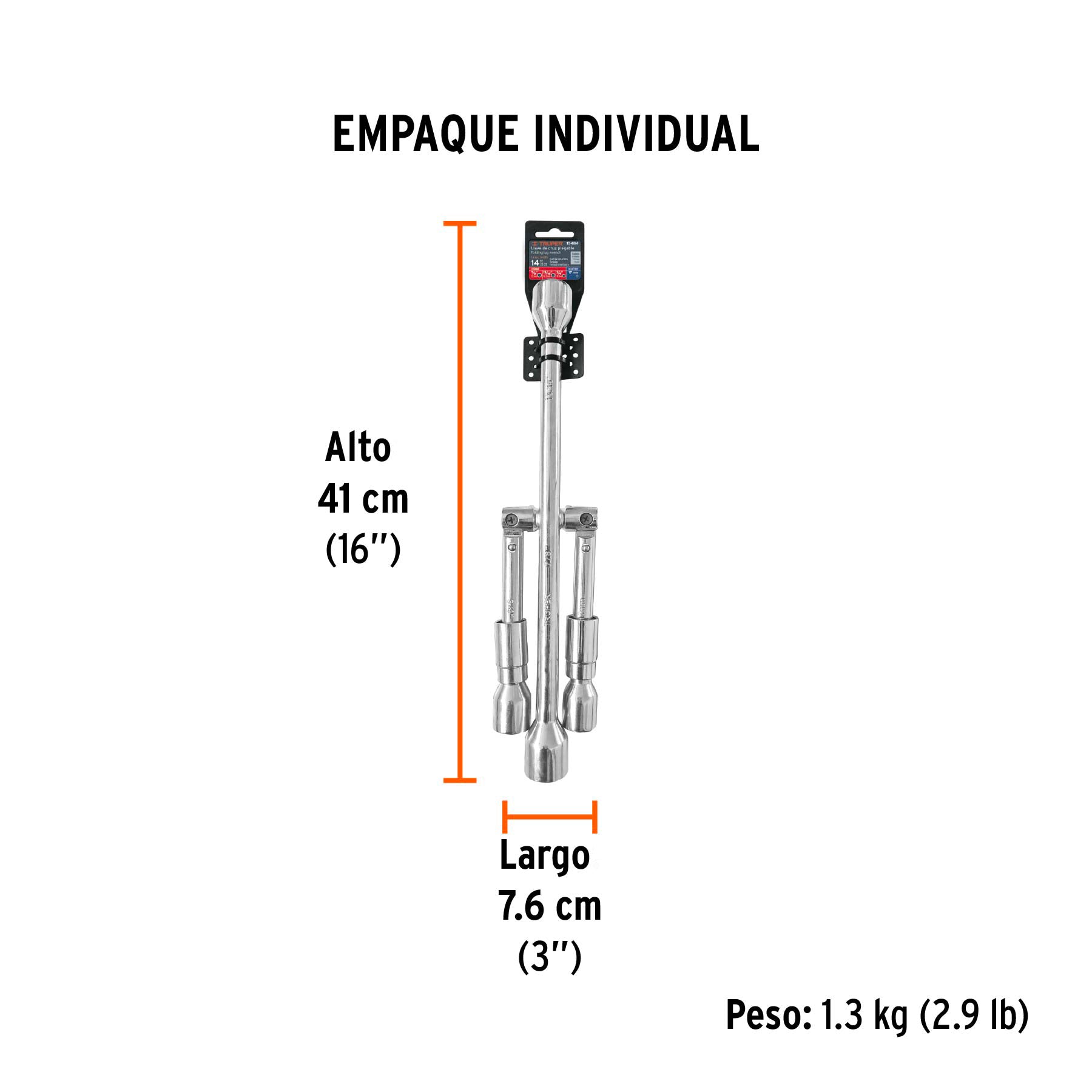 Llave de cruz 14" plegable pulida y cromada, TRUPER - Empaque