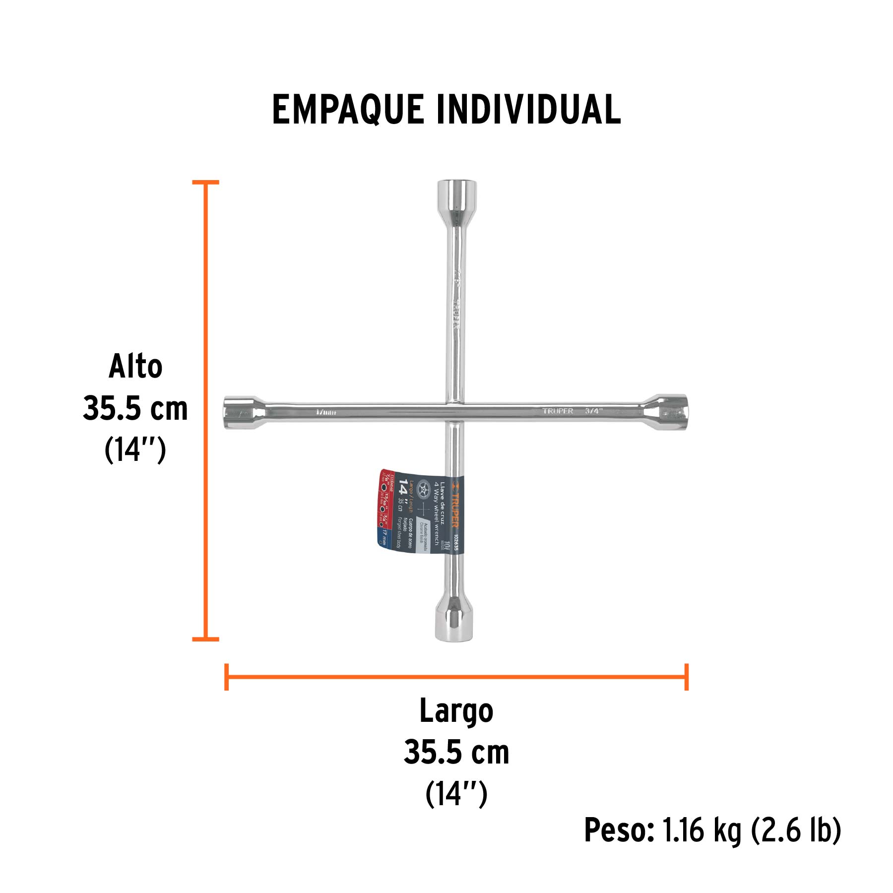 Llave de cruz 14" pulida y cromada, TRUPER - Empaque