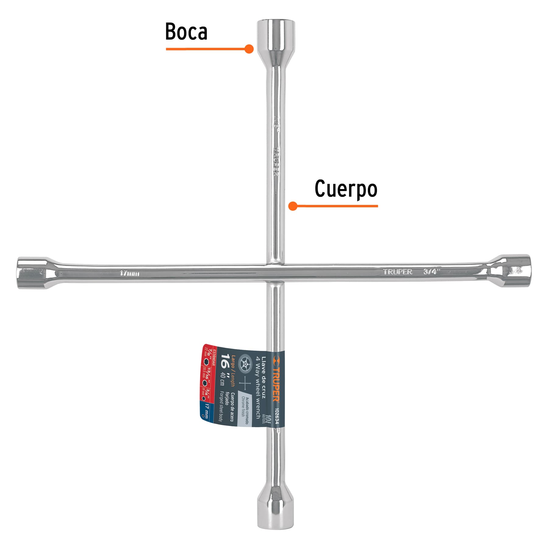Llave de cruz 14" pulida y cromada, TRUPER