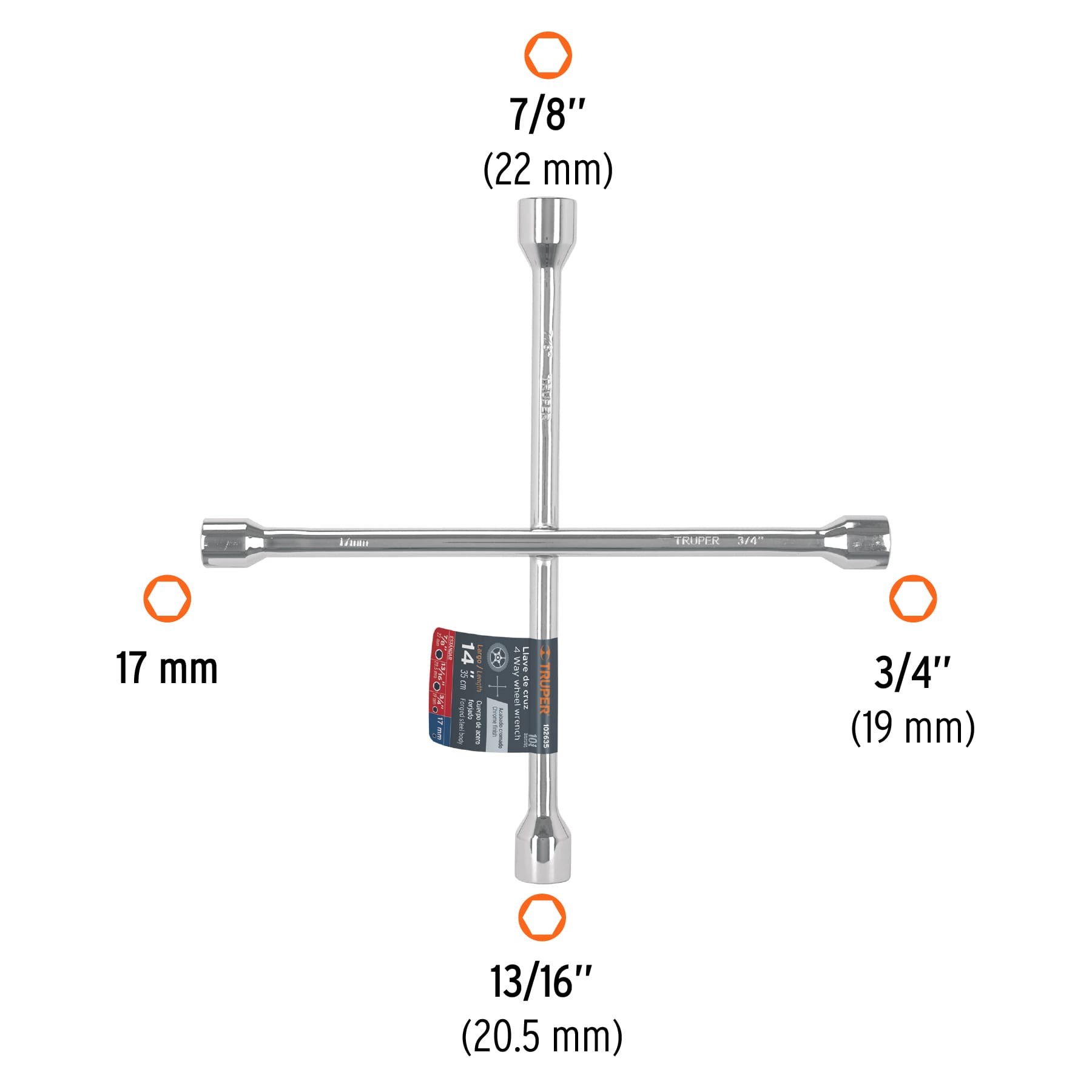 Llave de cruz 14" pulida y cromada, TRUPER