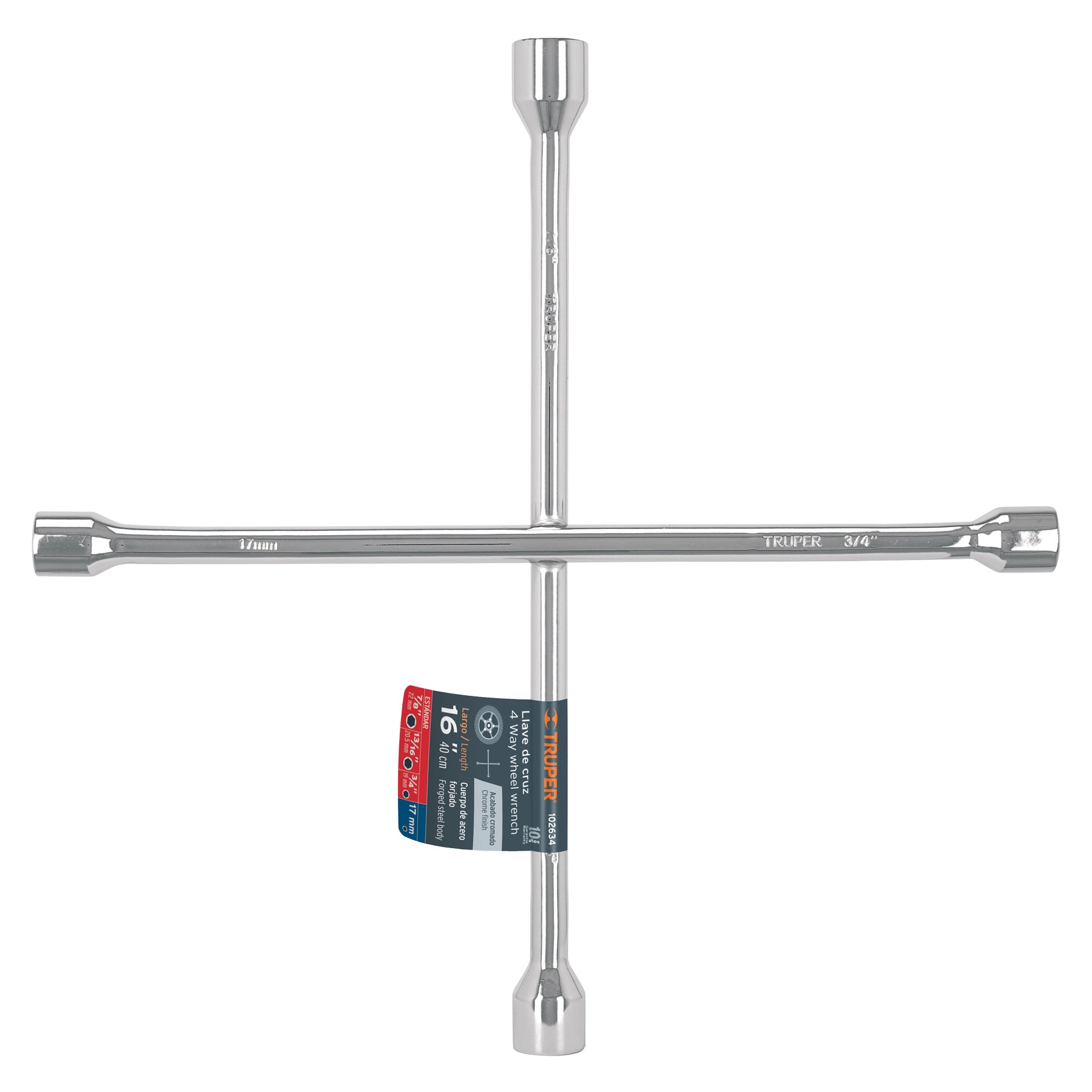 Llave de cruz 16" pulida y cromada, TRUPER