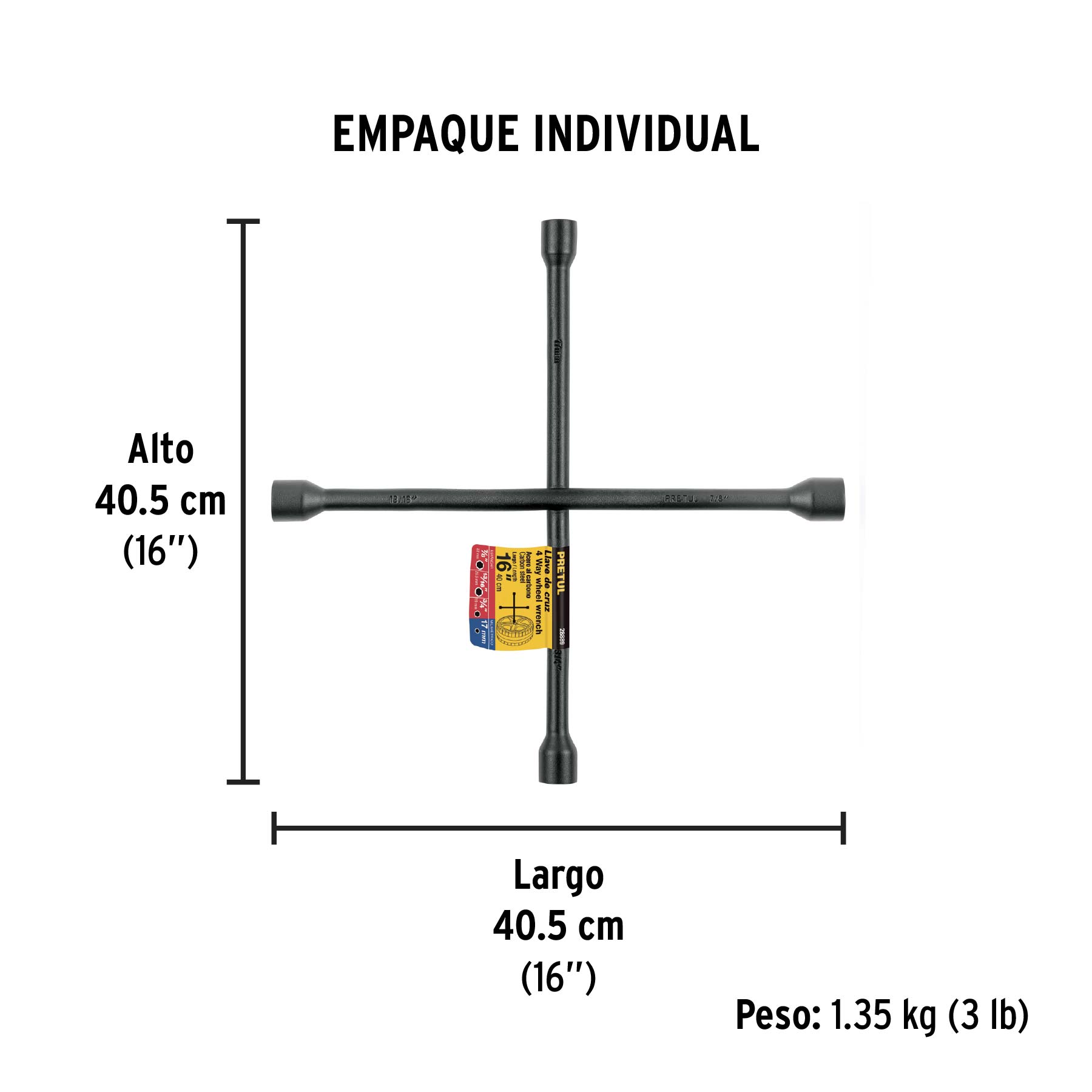 Llave de cruz 16", acabado negro mate, PRETUL - Empaque