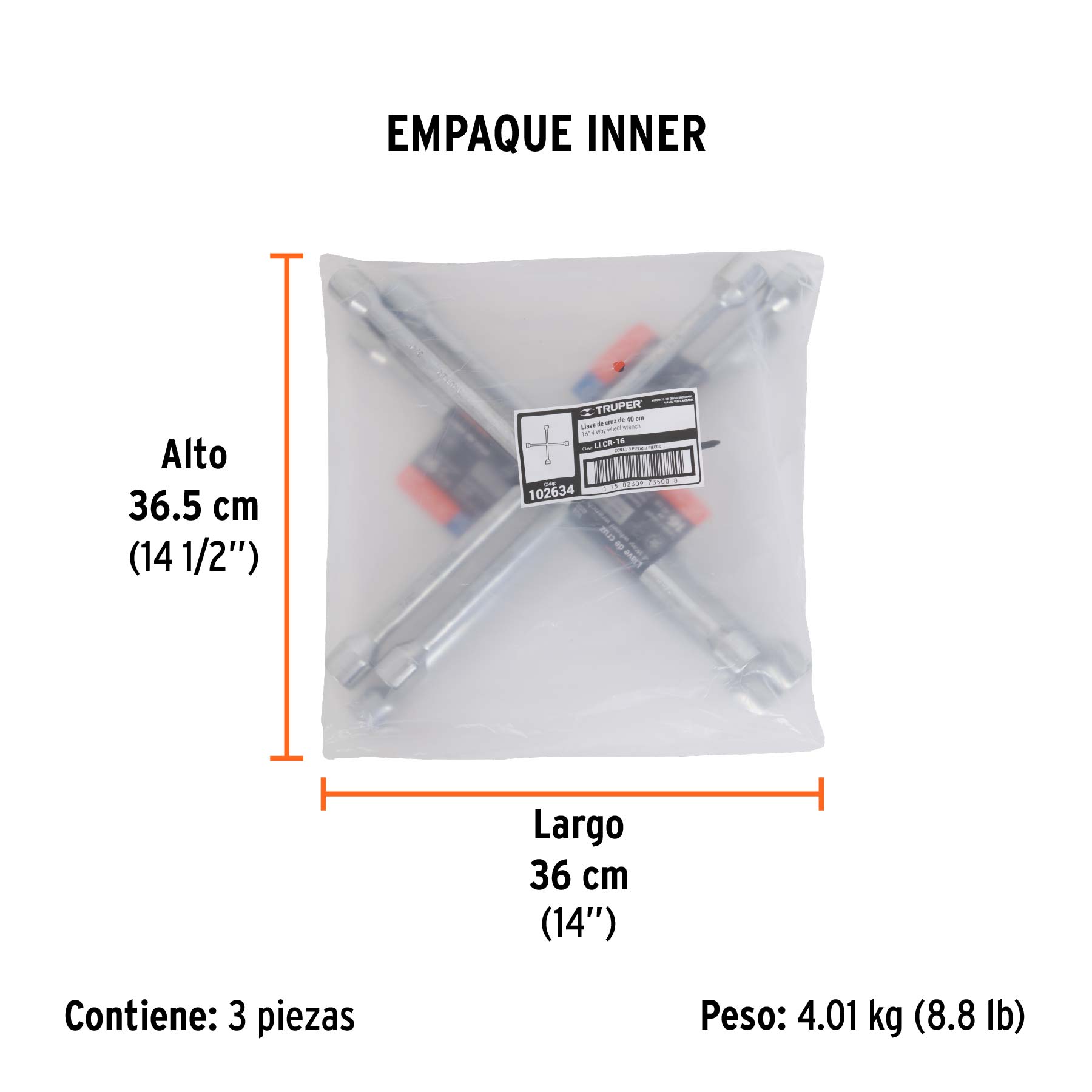 Llave de cruz 16" pulida y cromada, TRUPER - Empaque
