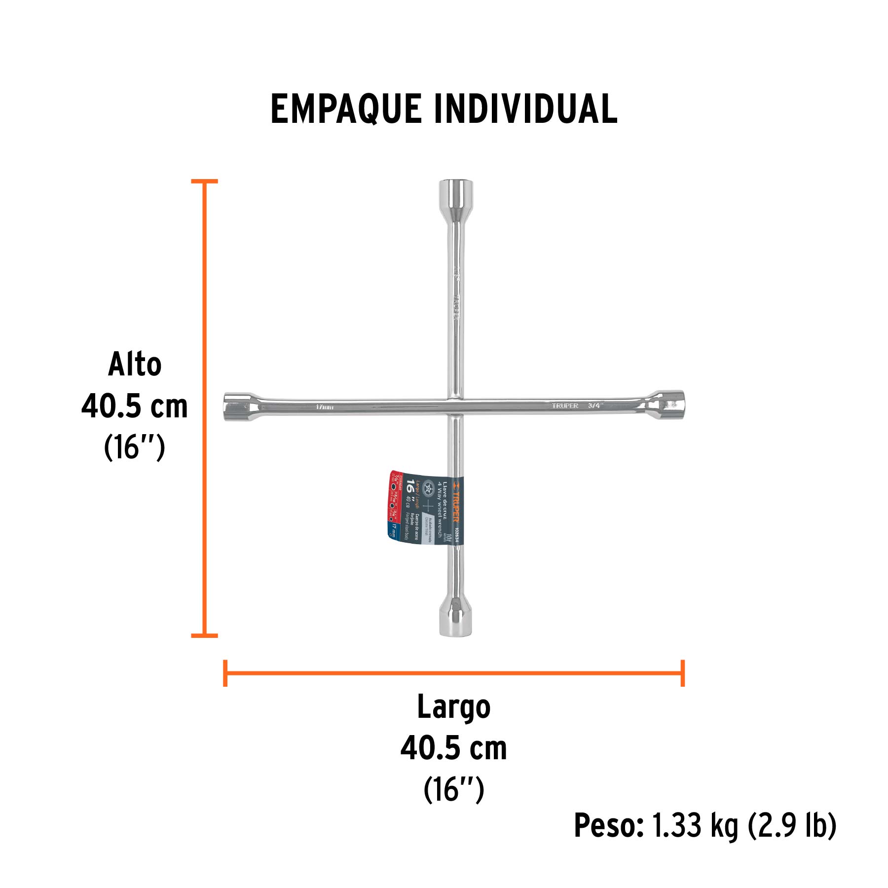Llave de cruz 16" pulida y cromada, TRUPER - Empaque