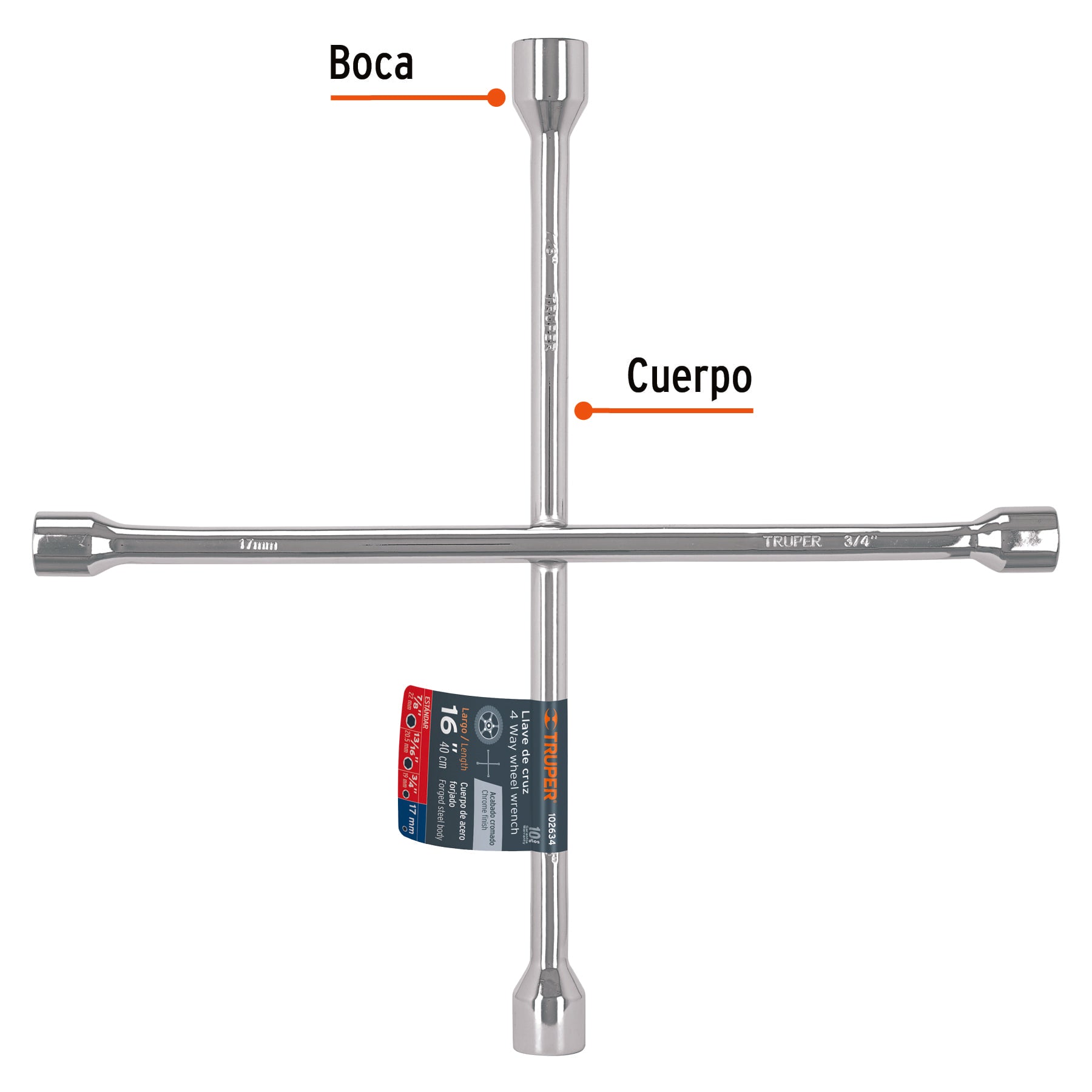 Llave de cruz 16" pulida y cromada, TRUPER