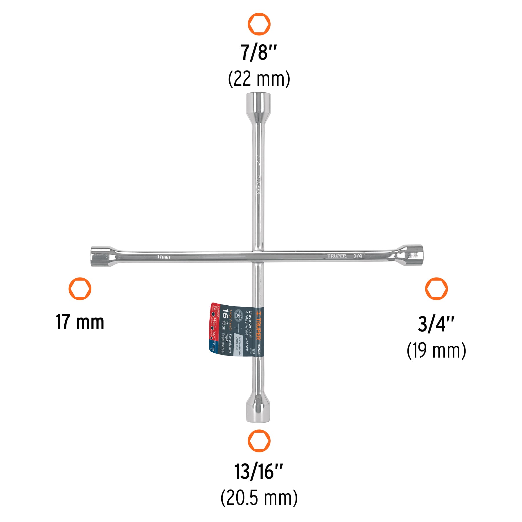 Llave de cruz 16" pulida y cromada, TRUPER