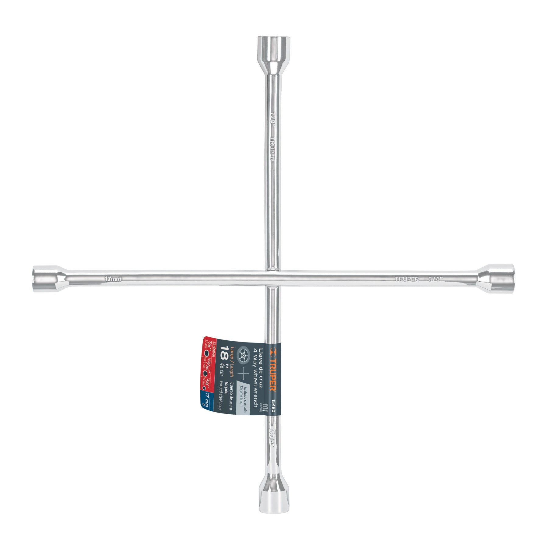 Llave de cruz 18" pulida y cromada, TRUPER