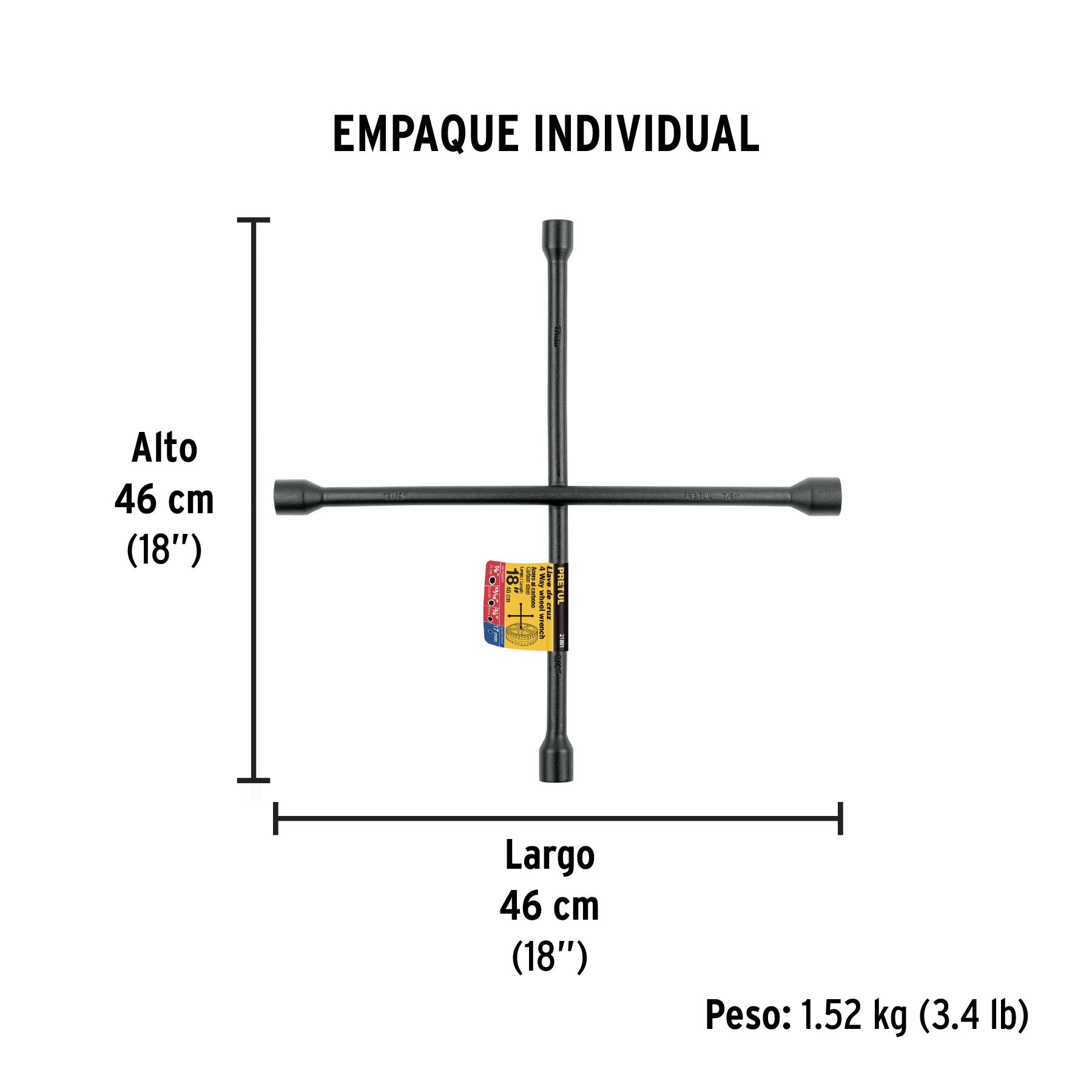 Llave de cruz 18", acabado negro mate, PRETUL - Empaque