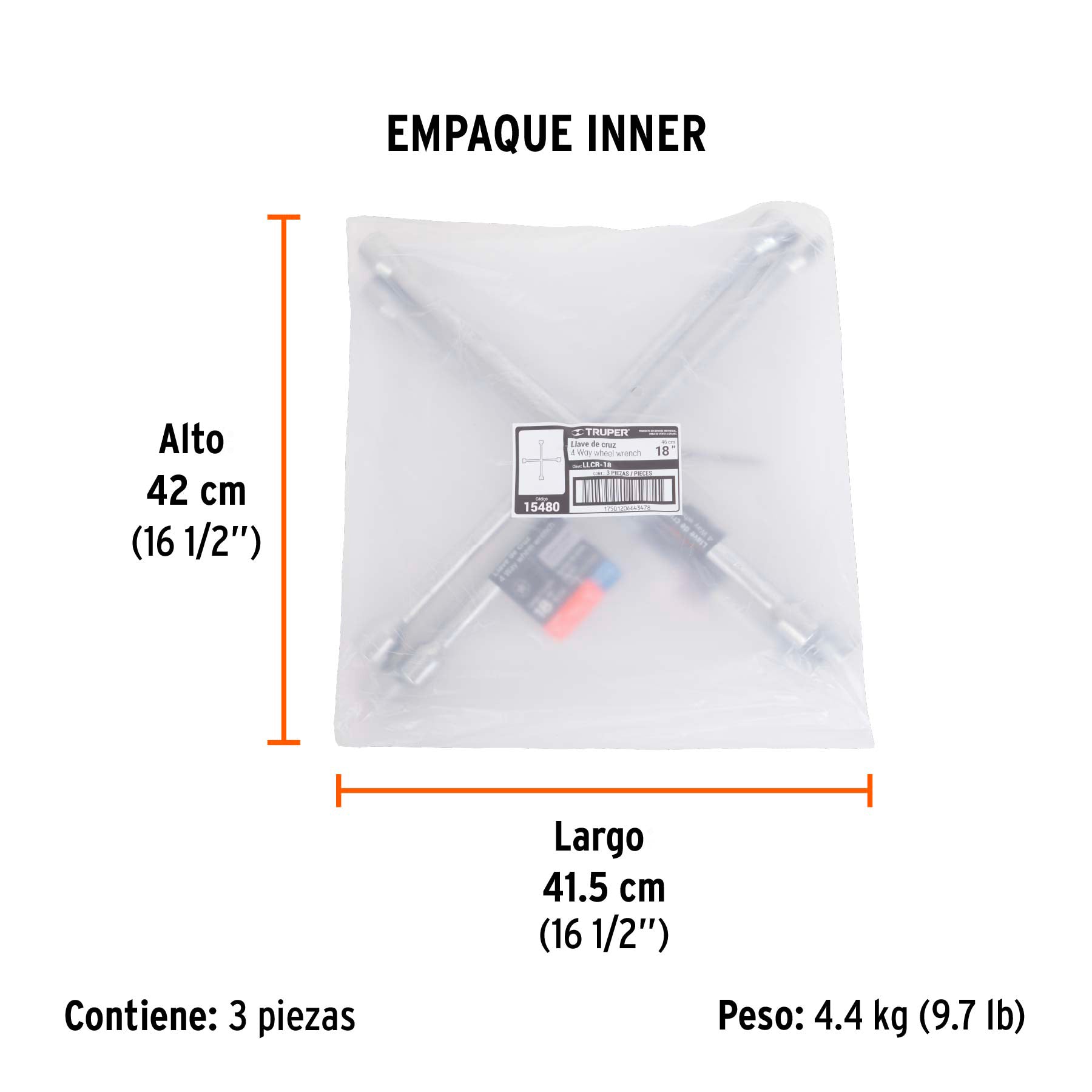 Llave de cruz 18" pulida y cromada, TRUPER - Empaque