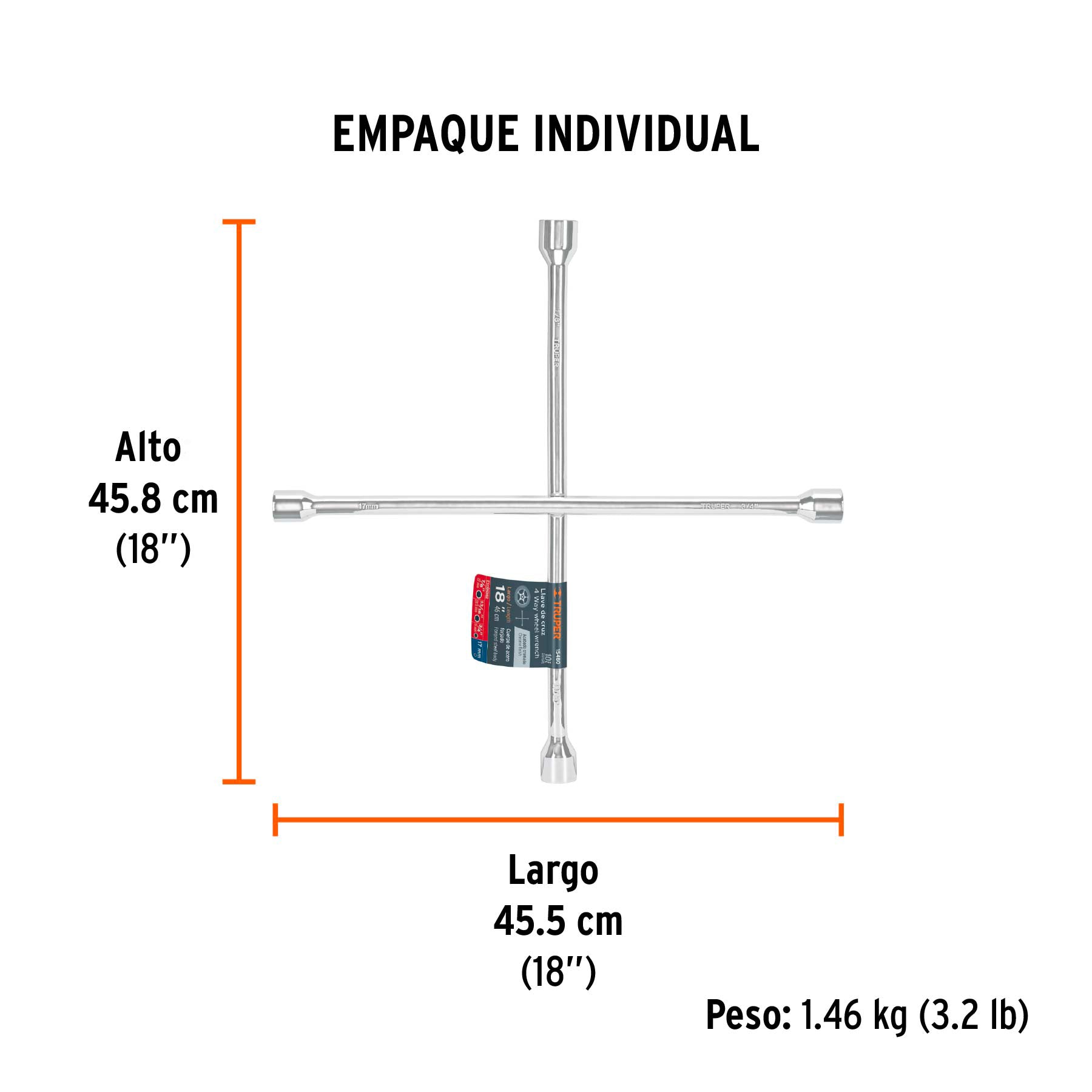 Llave de cruz 18" pulida y cromada, TRUPER - Empaque
