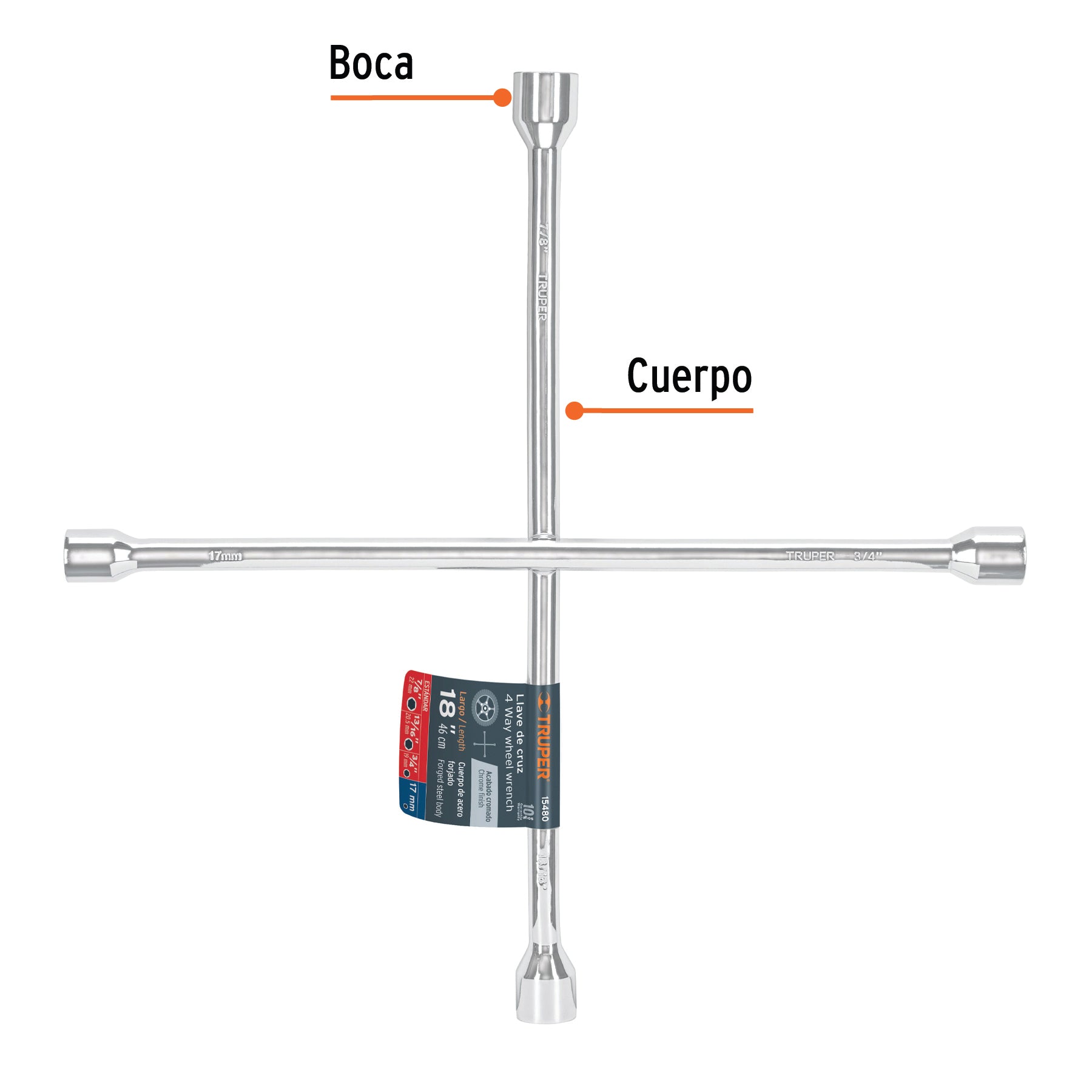 Llave de cruz 18" pulida y cromada, TRUPER