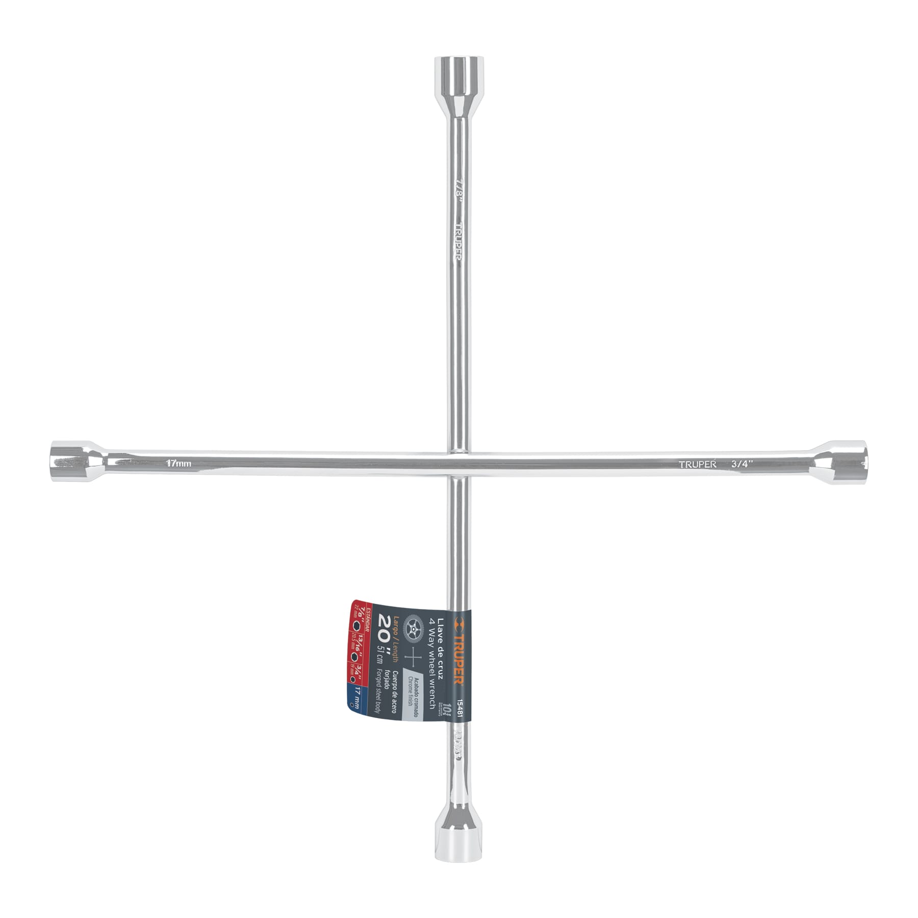 Llave de cruz 20" pulida y cromada, TRUPER