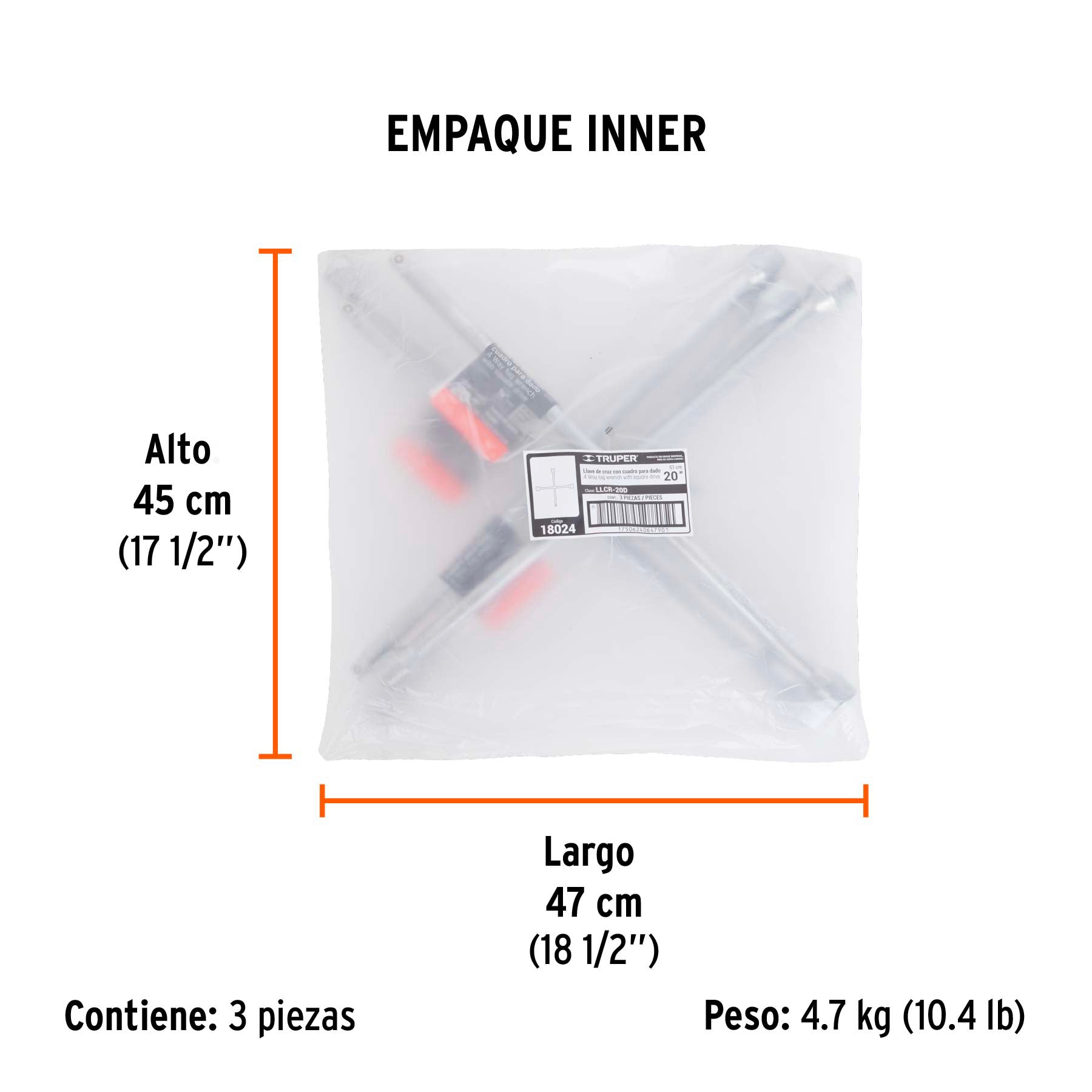 Llave de cruz 20" pulida y cromada con entrada cuadro 1/2" - Empaque