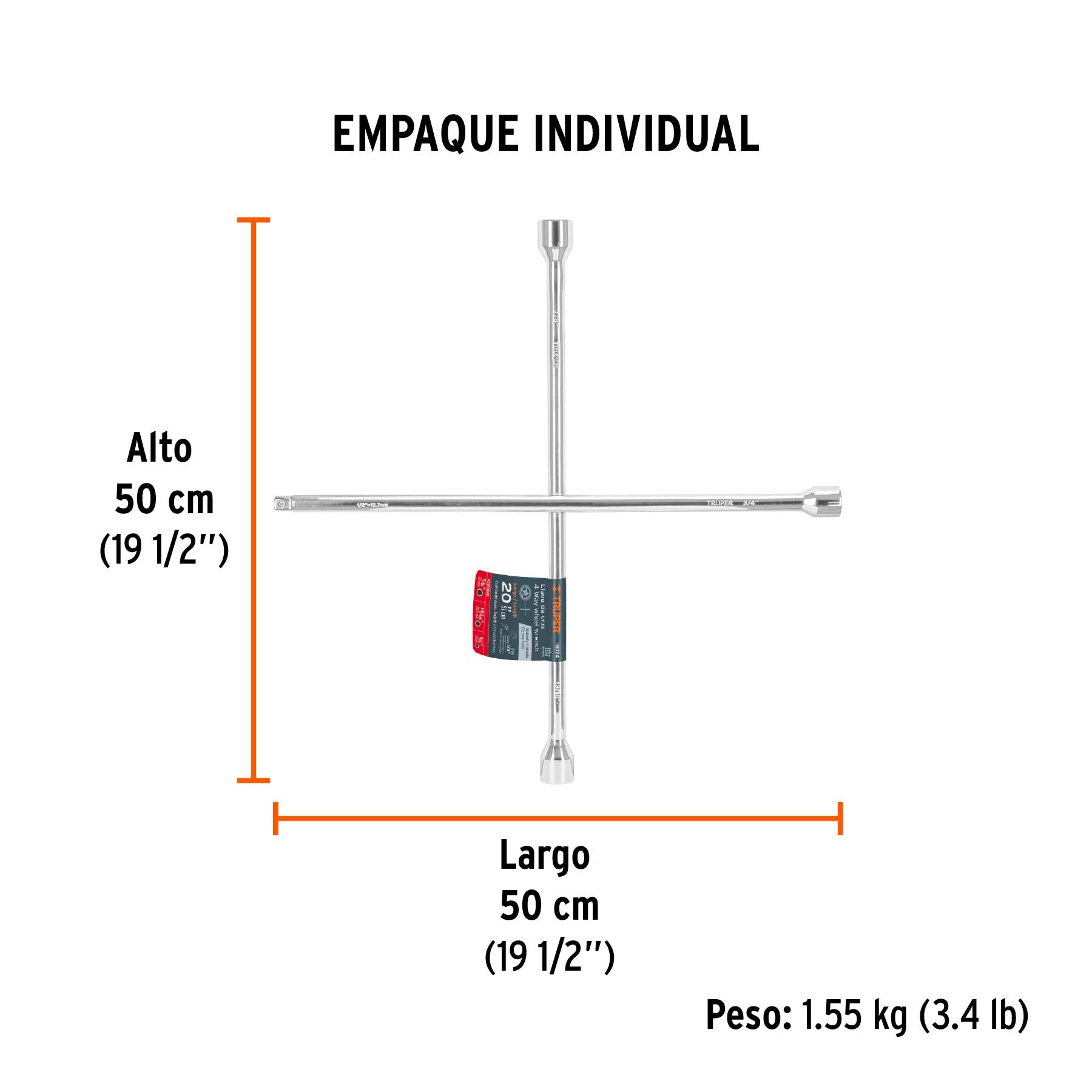 Llave de cruz 20" pulida y cromada con entrada cuadro 1/2" - Empaque