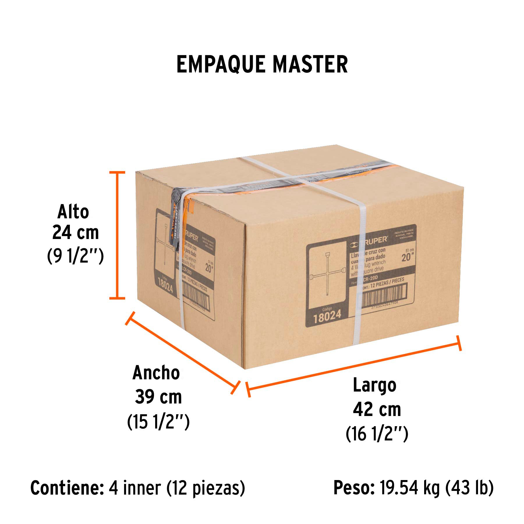 Llave de cruz 20" pulida y cromada con entrada cuadro 1/2" - Empaque