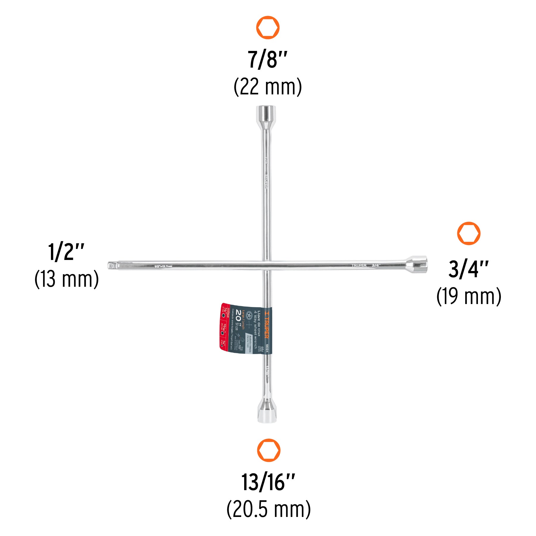 Llave de cruz 20" pulida y cromada con entrada cuadro 1/2"