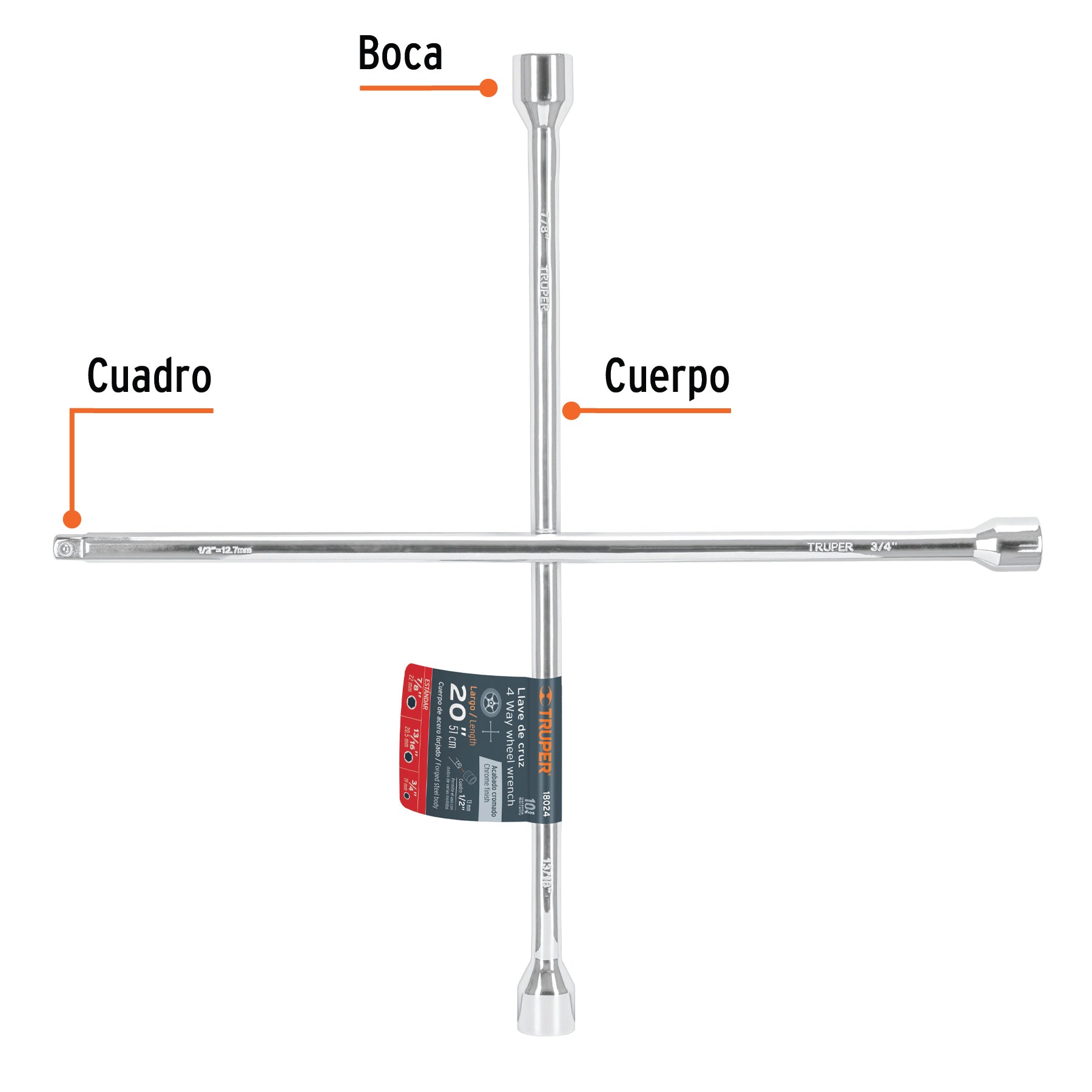 Llave de cruz 20" pulida y cromada con entrada cuadro 1/2"