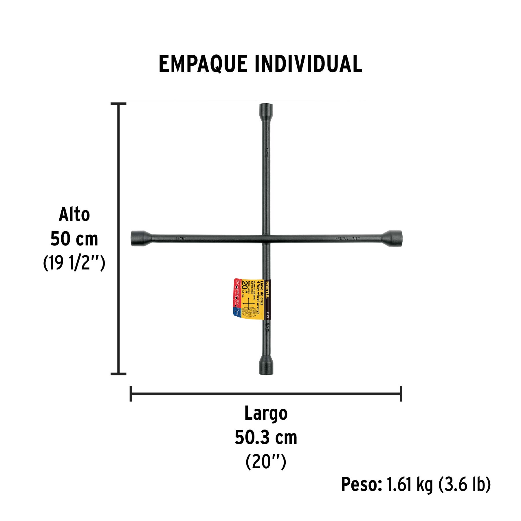 Llave de cruz 20", acabado negro mate, PRETUL - Empaque