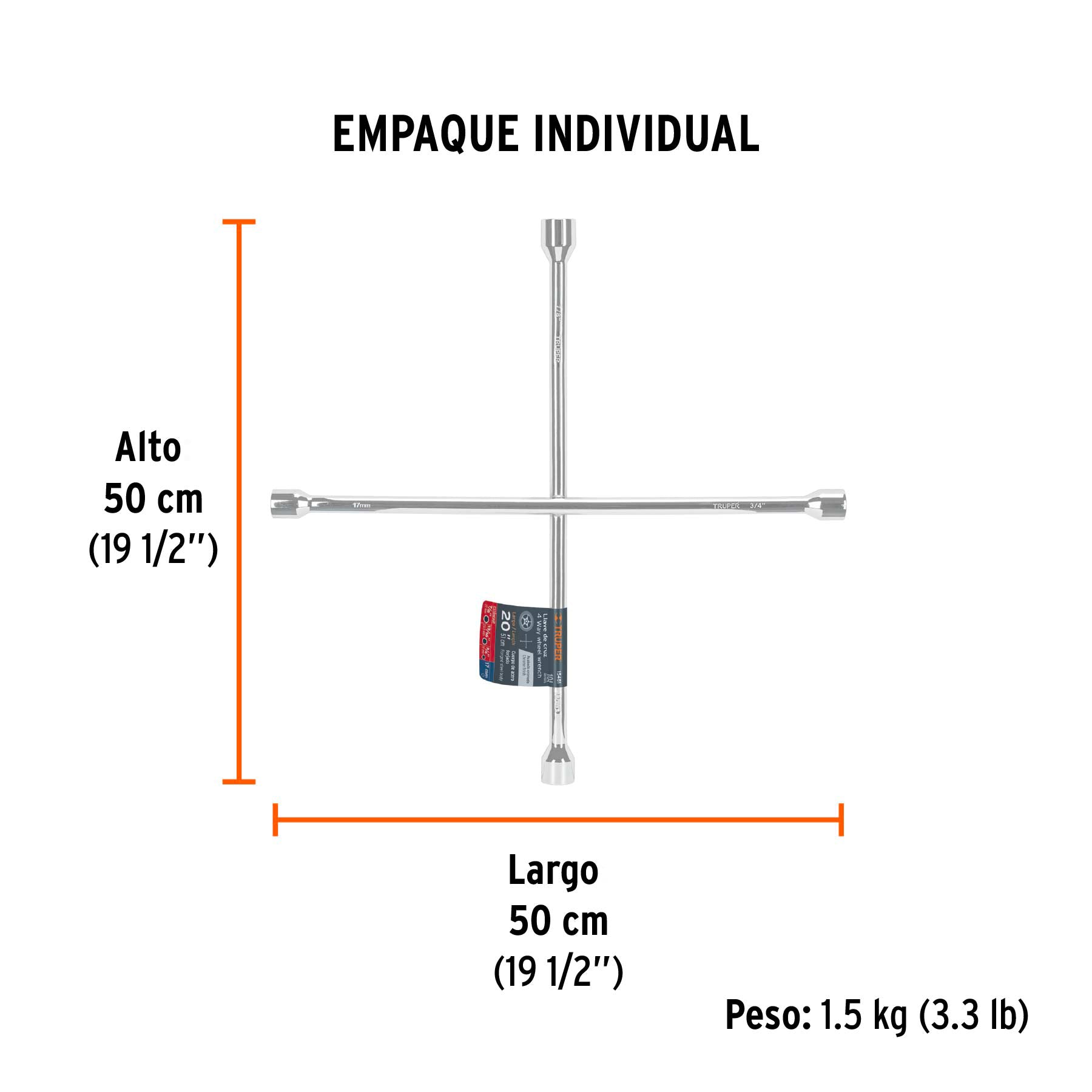 Llave de cruz 20" pulida y cromada, TRUPER - Empaque