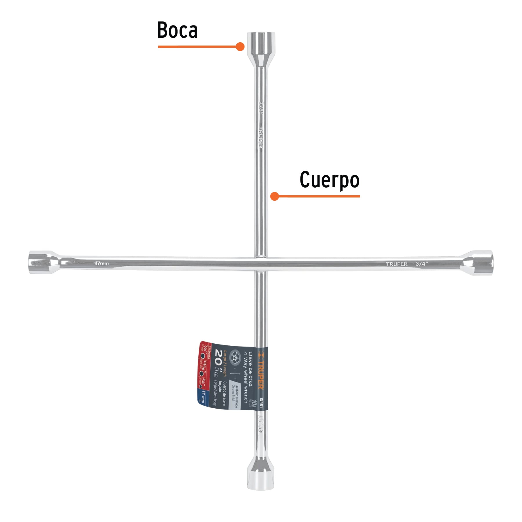 Llave de cruz 20" pulida y cromada, TRUPER