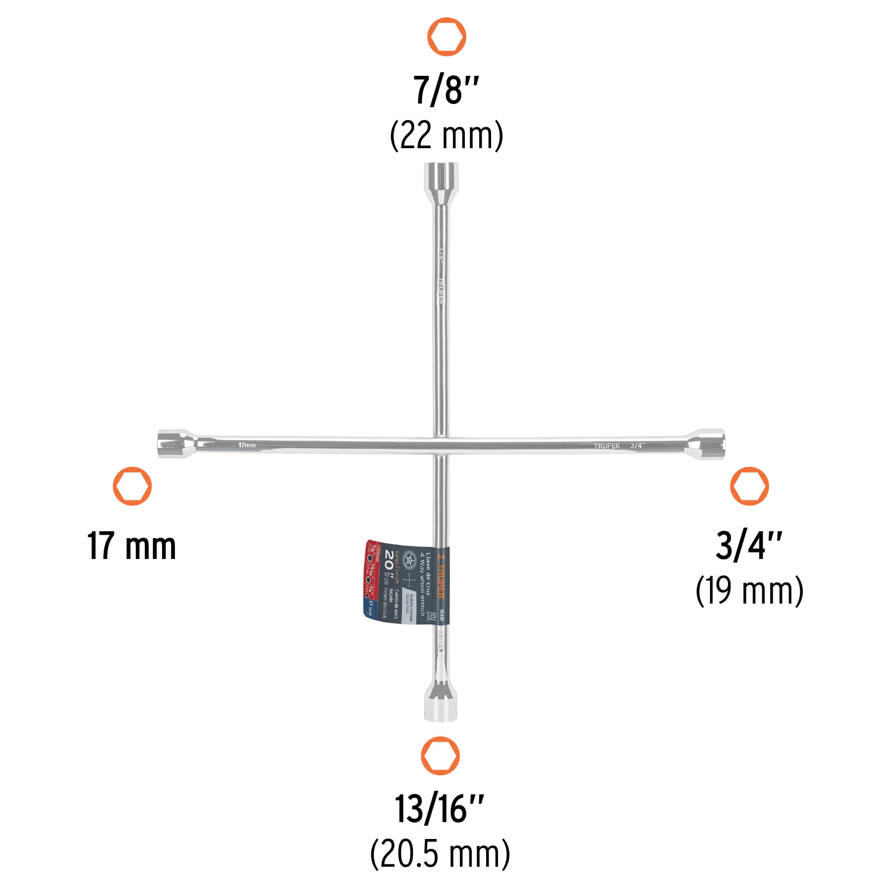 Llave de cruz 20" pulida y cromada, TRUPER