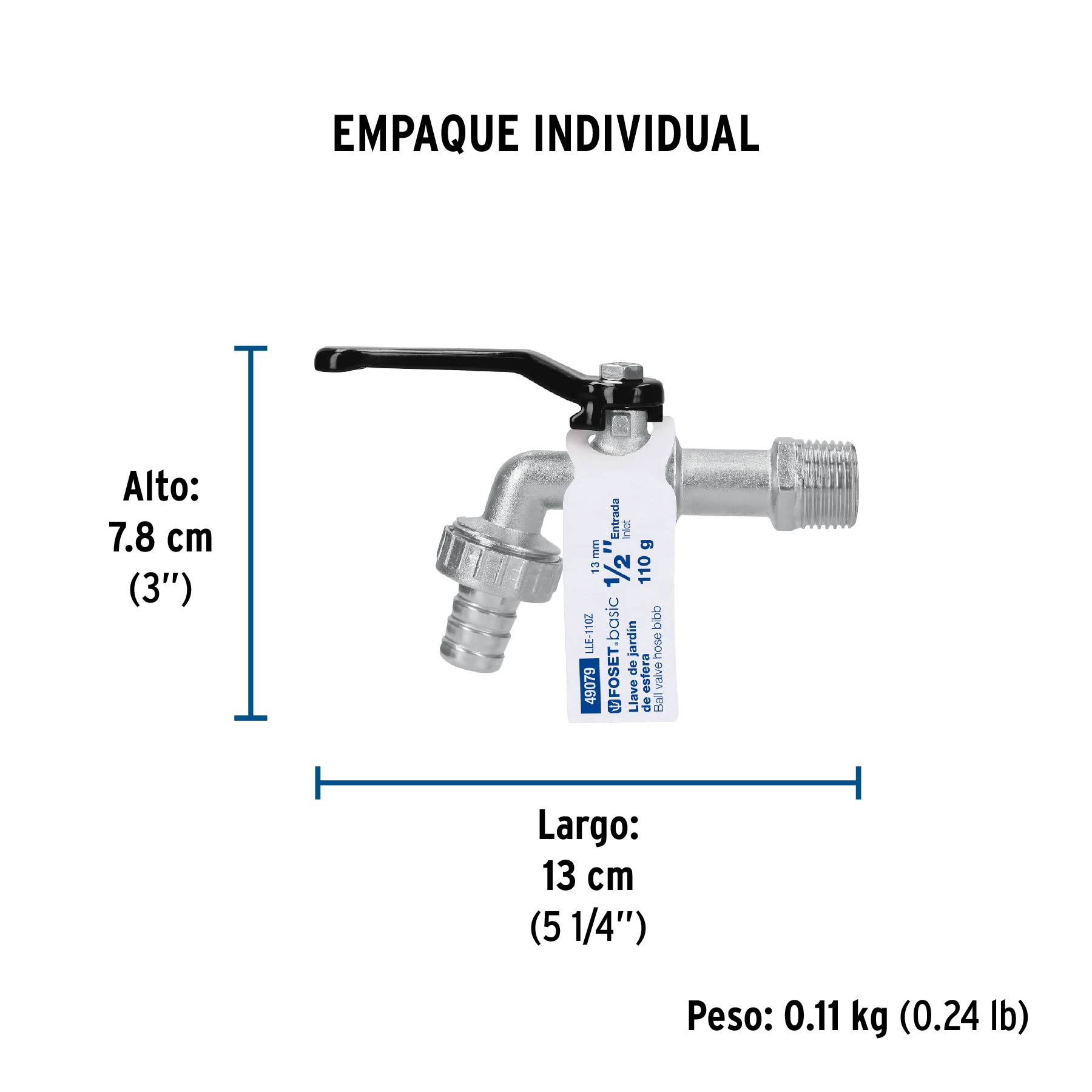 Llave de esfera, de zinc, 110 gr, entrada 1/2", FOSET BASIC - Empaque