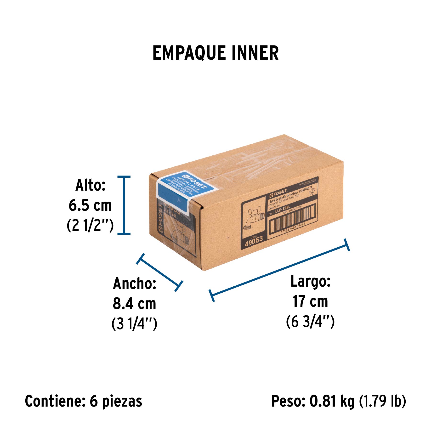 Llave de esfera de latón 1/2" con rosca para manguera, FOSET - Empaque