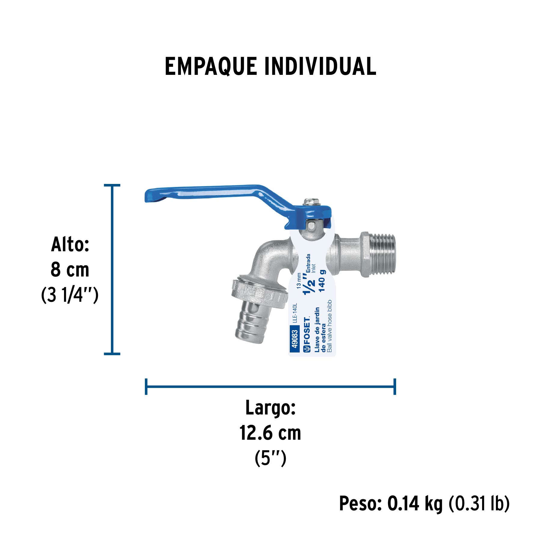 Llave de esfera, de latón, 140 gr, entrada 1/2", FOSET - Empaque
