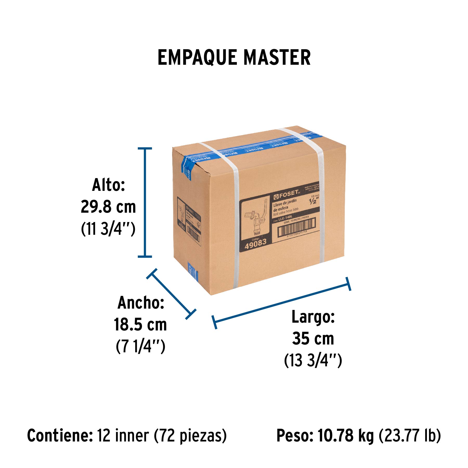Llave de esfera, de latón, 140 gr, entrada 1/2", FOSET - Empaque