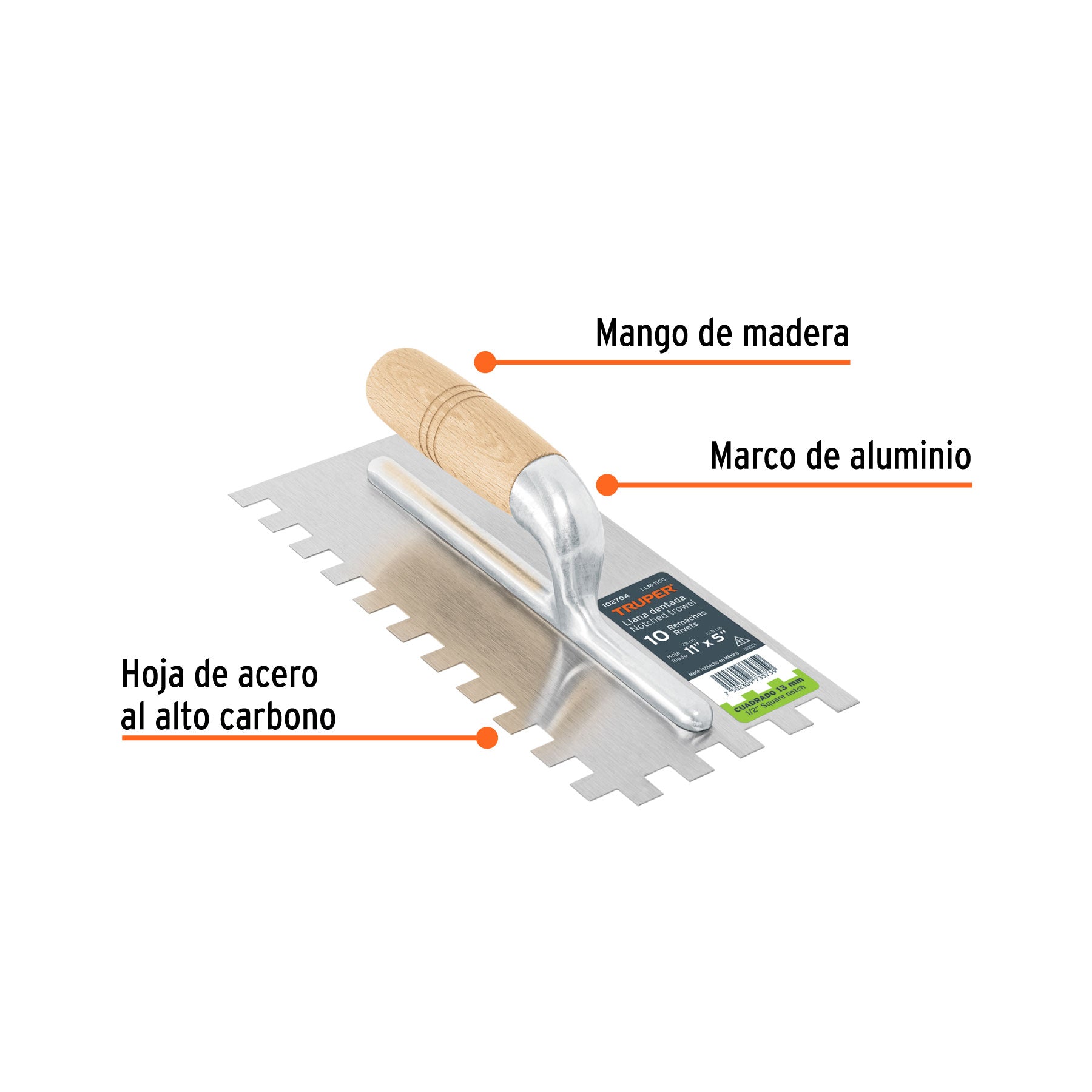 Llana 11" dentado cuadrado 1/2", 10 remaches, mango madera