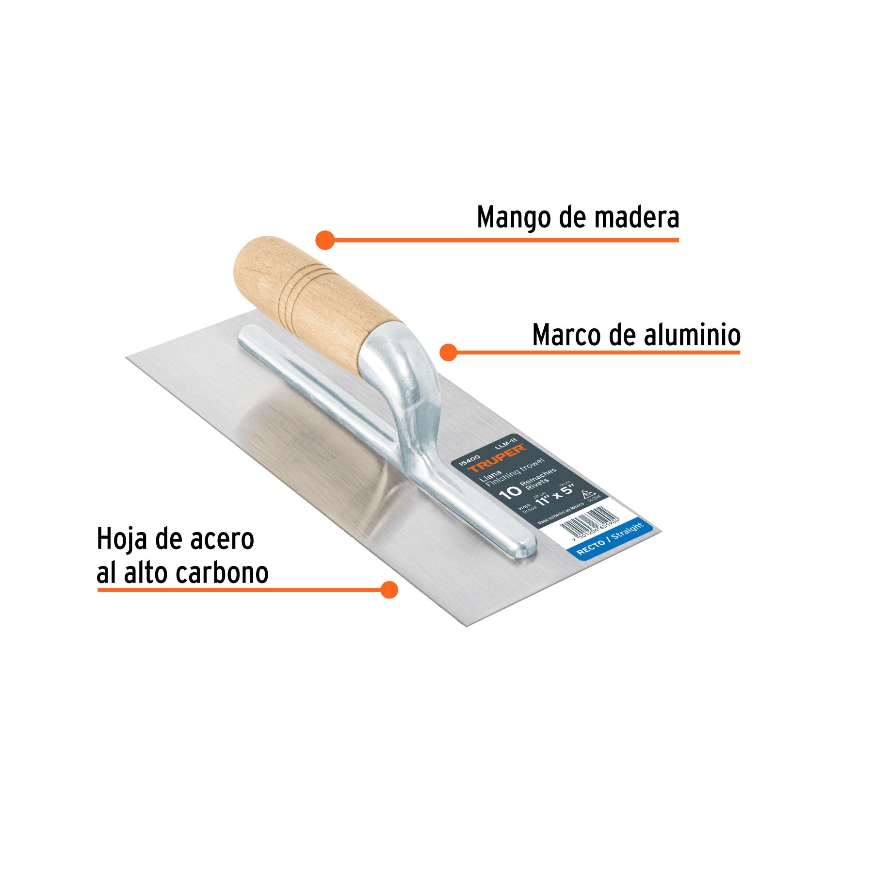 Llana 11" canto recto, 10 remaches, mango madera, TRUPER