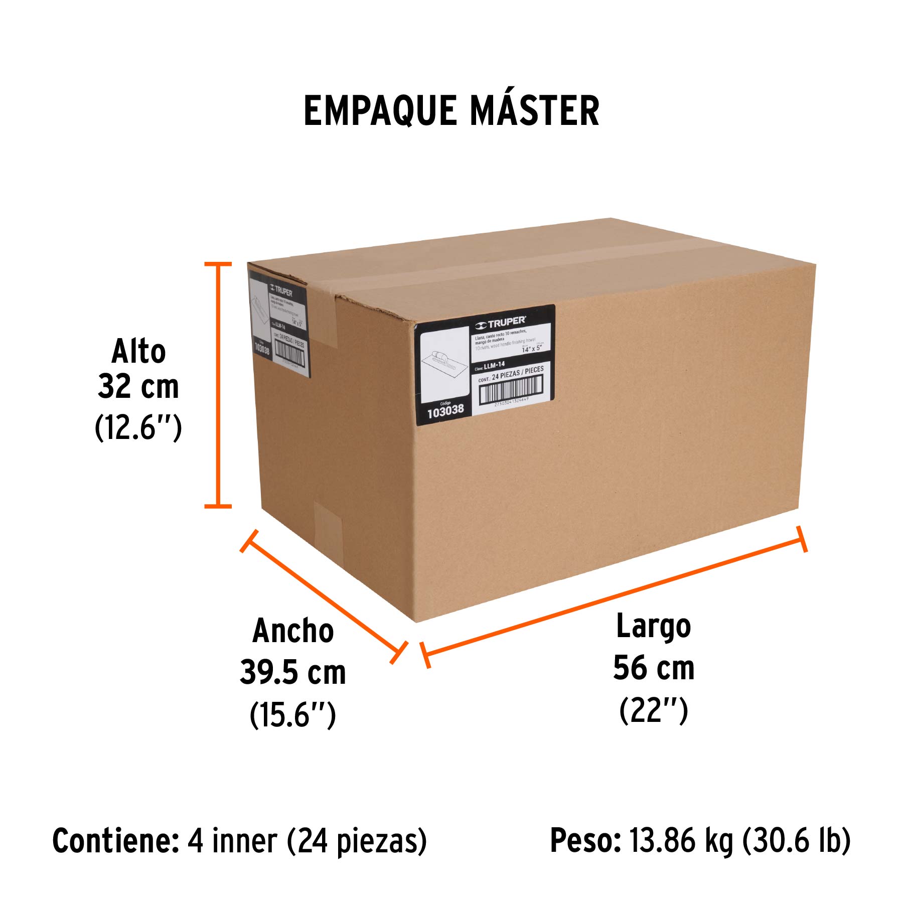 Llana 14" canto recto, 10 remaches, mango madera, TRUPER - Empaque