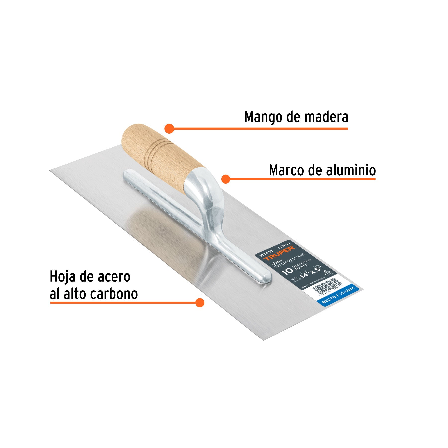 Llana 14" canto recto, 10 remaches, mango madera, TRUPER