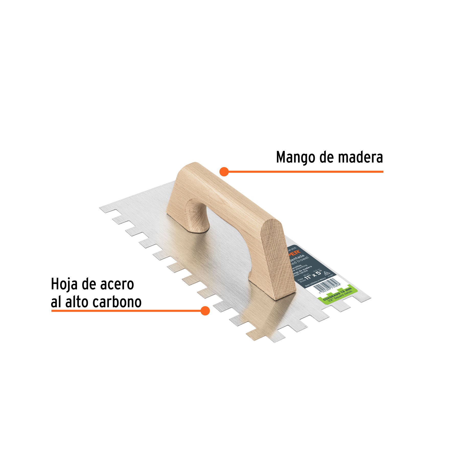 Llana 11" dentado cuadrado 1/2", tipo español, mango madera