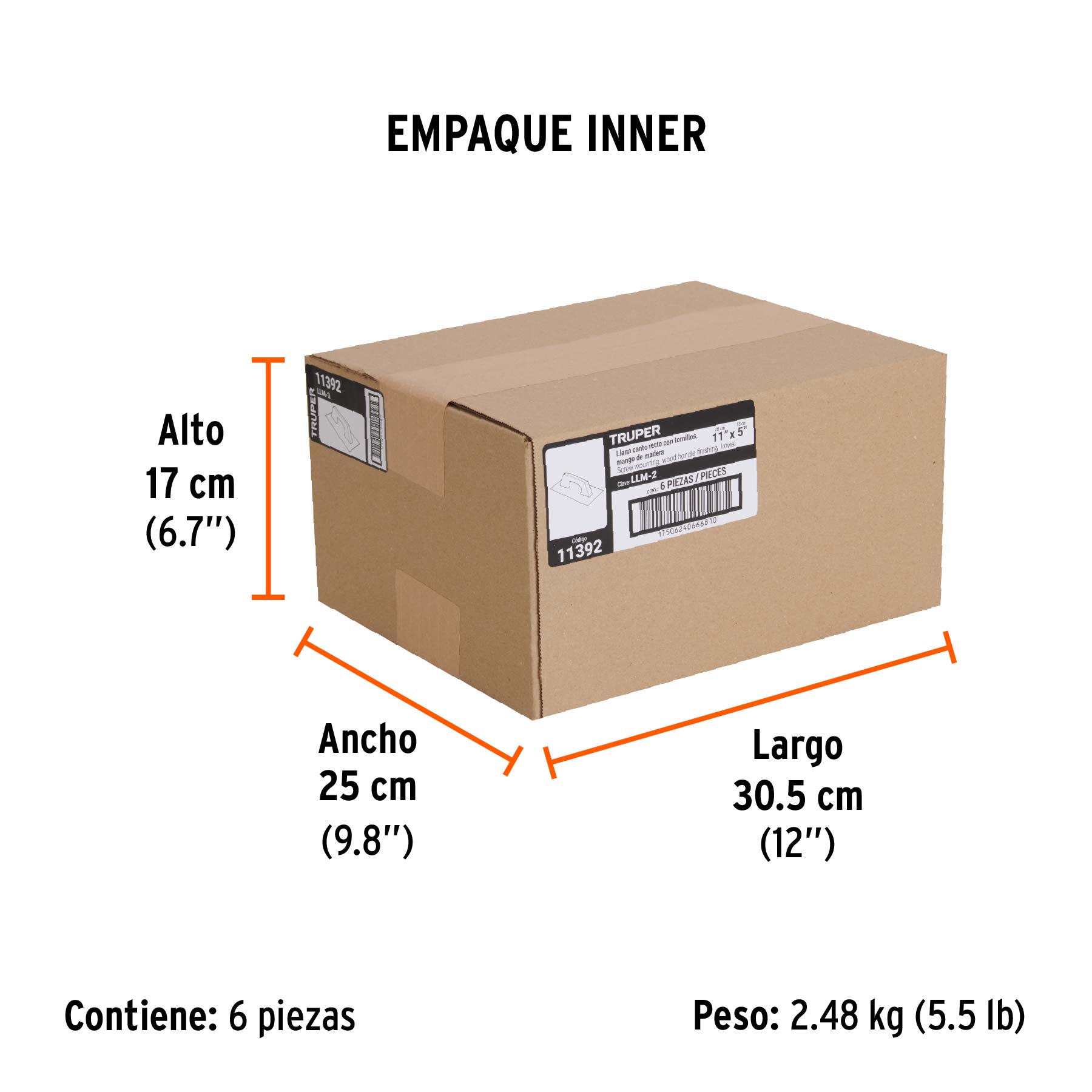Llana 11" canto recto, tipo español, mango madera, TRUPER - Empaque